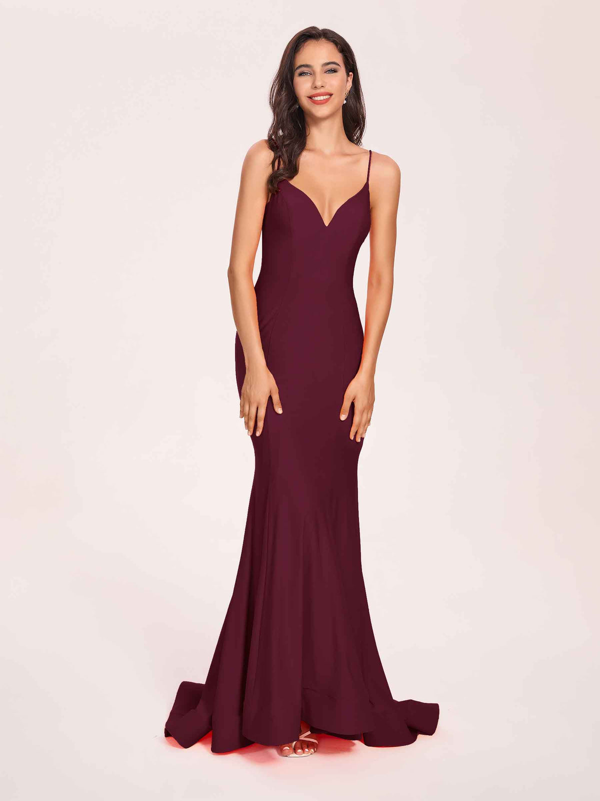 Sexy Jersey Mermaid Bridesmaid Dresses Spaghetti Straps V-neck Floor Length Lace-up Back