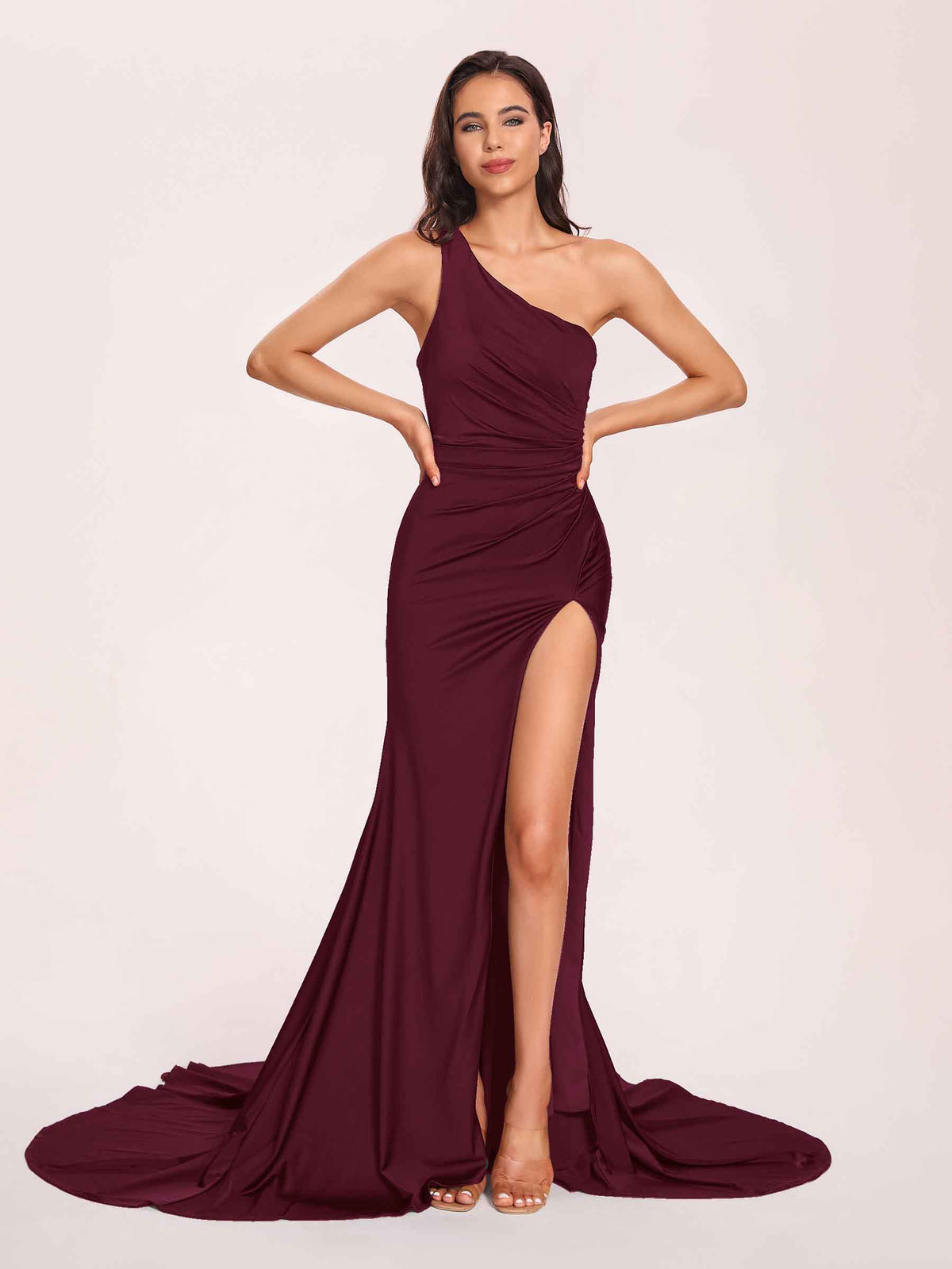 Jersey One-shoulder Bridesmaid Dresses Open Back Pleats Side-Slit With Train Long