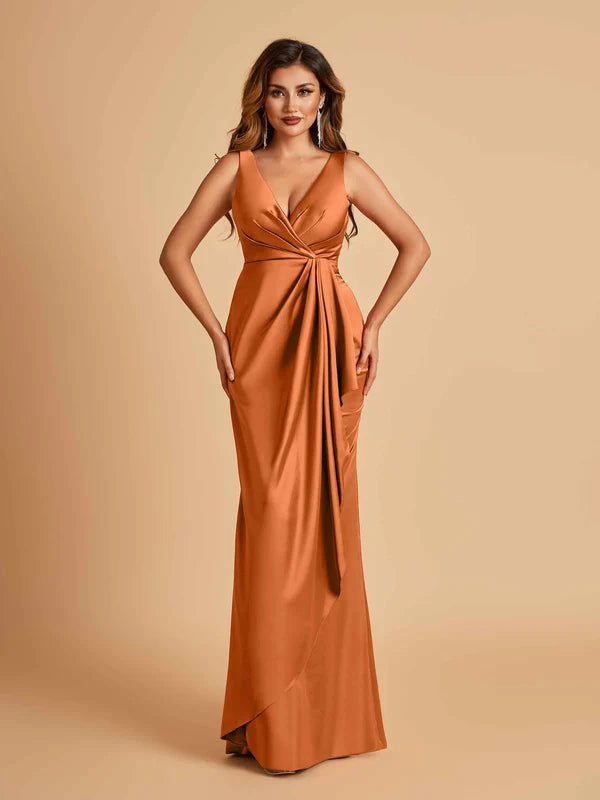 Burnt Orange Mismatched Unique Silky Satin Floor Length Bridesmaid Dresses Online