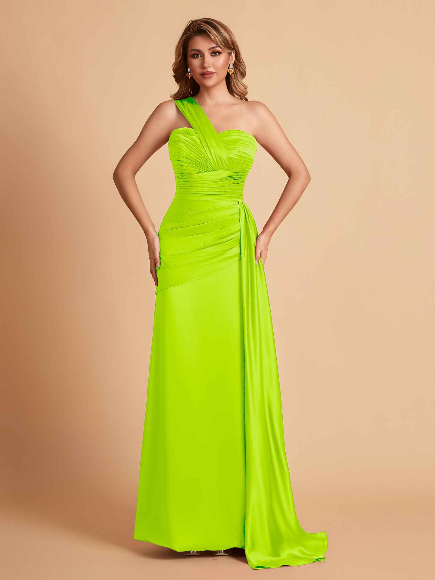 Sexy Satin Sheath One Shoulder With Train Elegant Long Bridesmaid Dresses