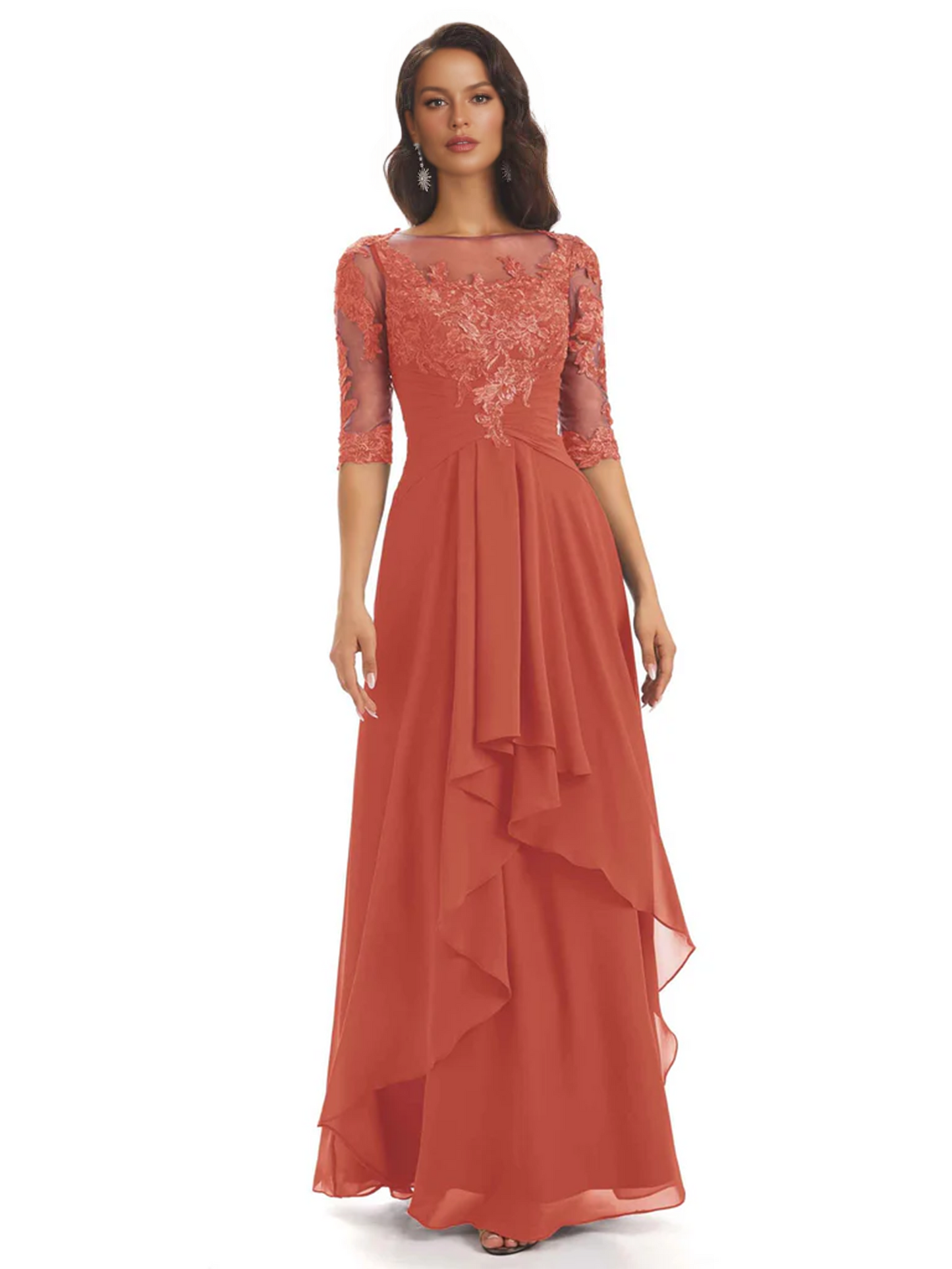 Elegant Lace A-line Chiffon Half Sleeves Mother of the Brides Dresses Floor Length