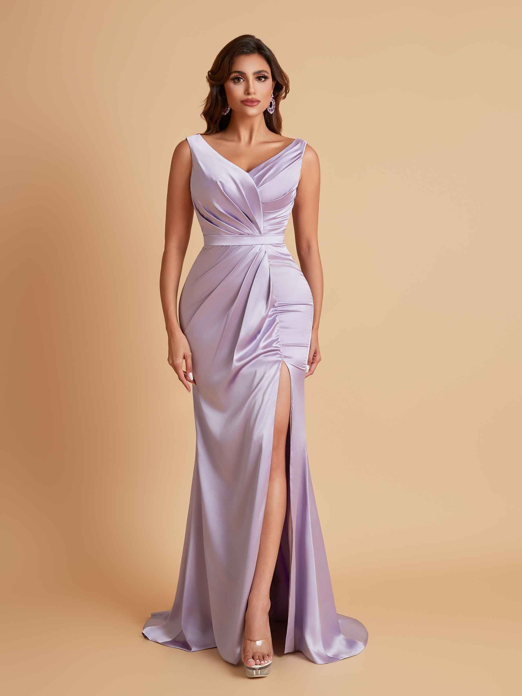 kiarelys bridesmaid dresses Elegant V Neck Soft Satin Side Slit Floor-Length Mermaid Bridesmaid Dresses-  Kiarelys – kiarelys