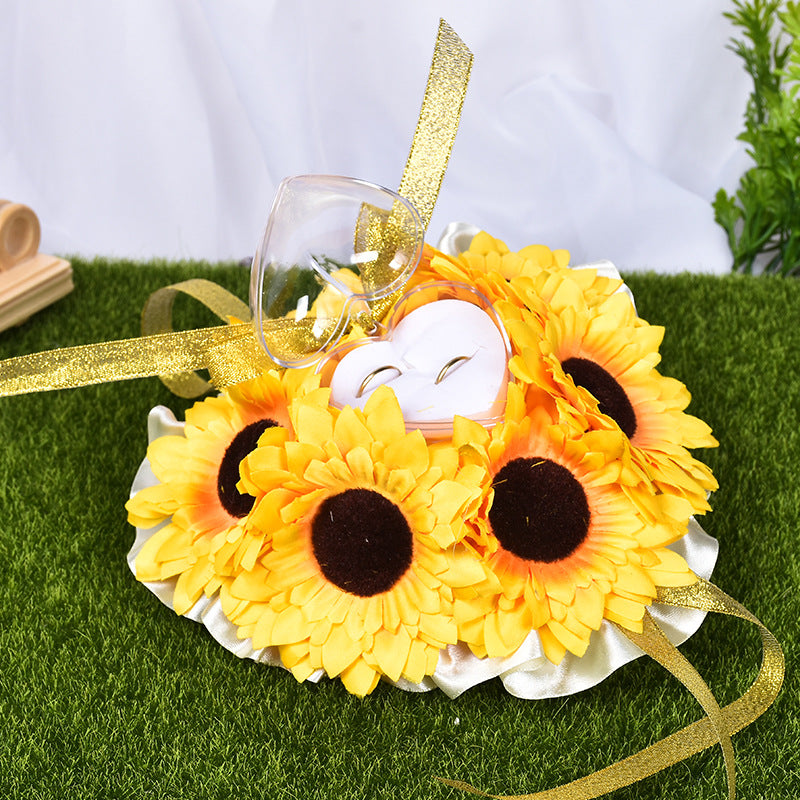 Sunflower Flower Accessory Wedding Ring Pillow For Bride and Groom