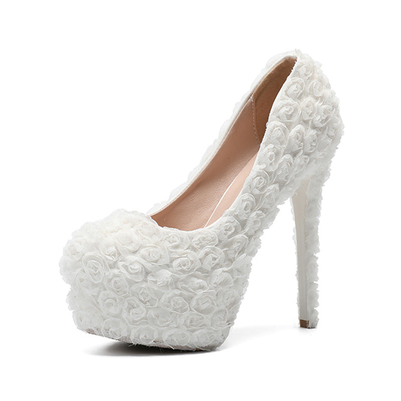 New white platform single shoes stiletto heels women's shoes lace flowers pearl wedding shoes bridal shoes