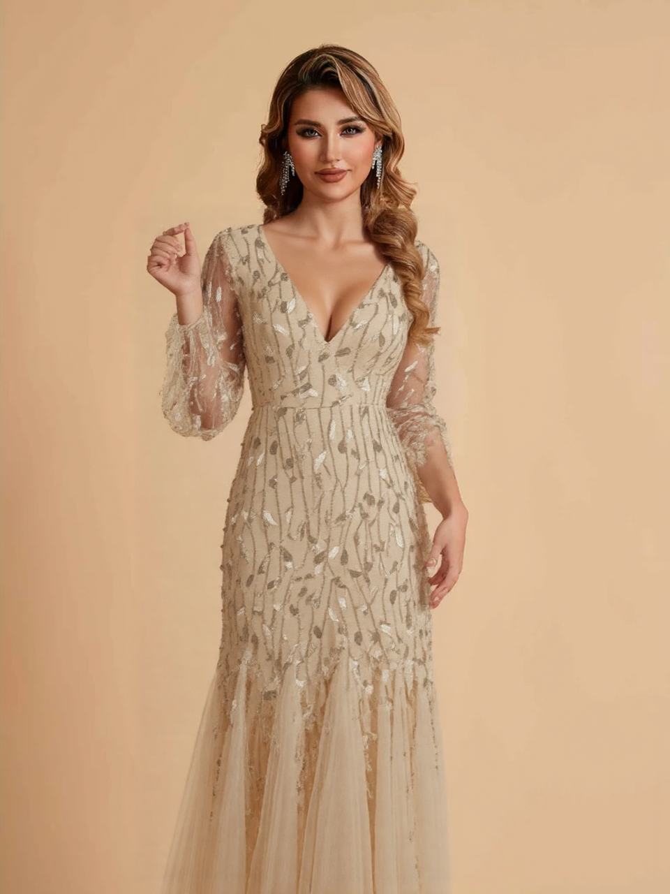 Elegant Mermaid Chiffon Long Sleeves V-neck Mother of the Brides Dresses Lace Top