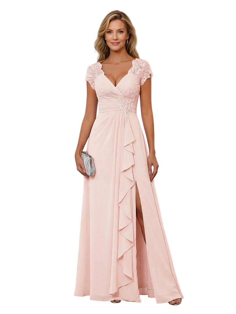 V-neck Slit Formal Gowns Lace A-line Mother of The Bride Dresses Evening Gowns