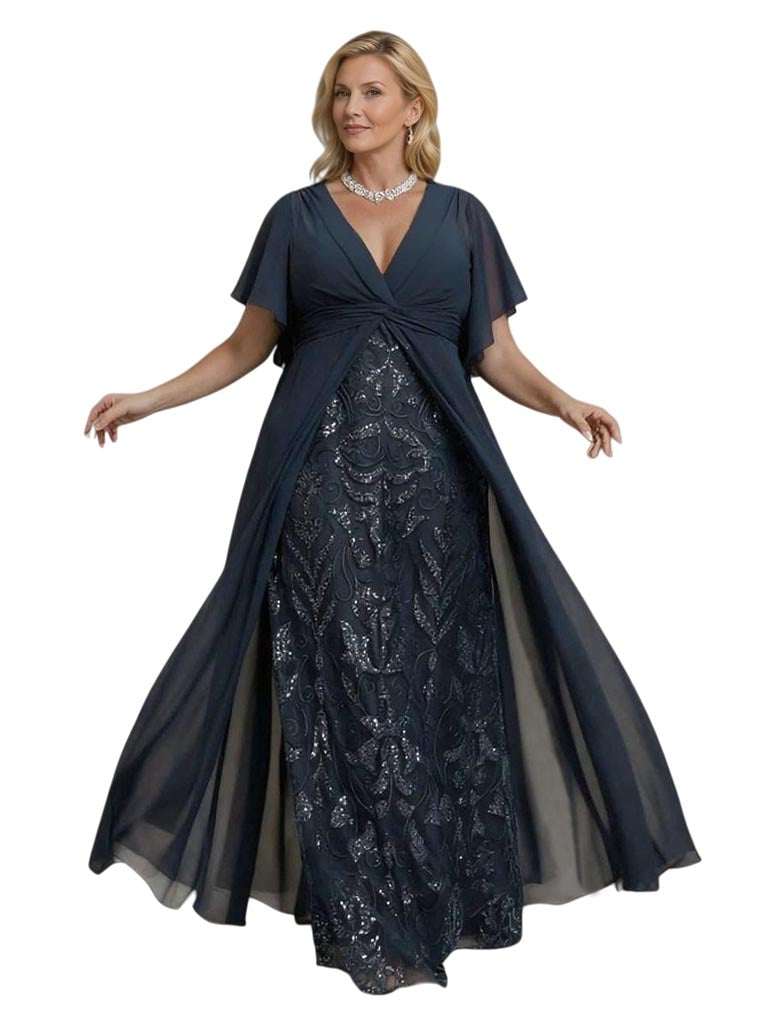 Formal V-neck Chiffon Mother of The Bride Dresses Evening Short Sleeveless With Train