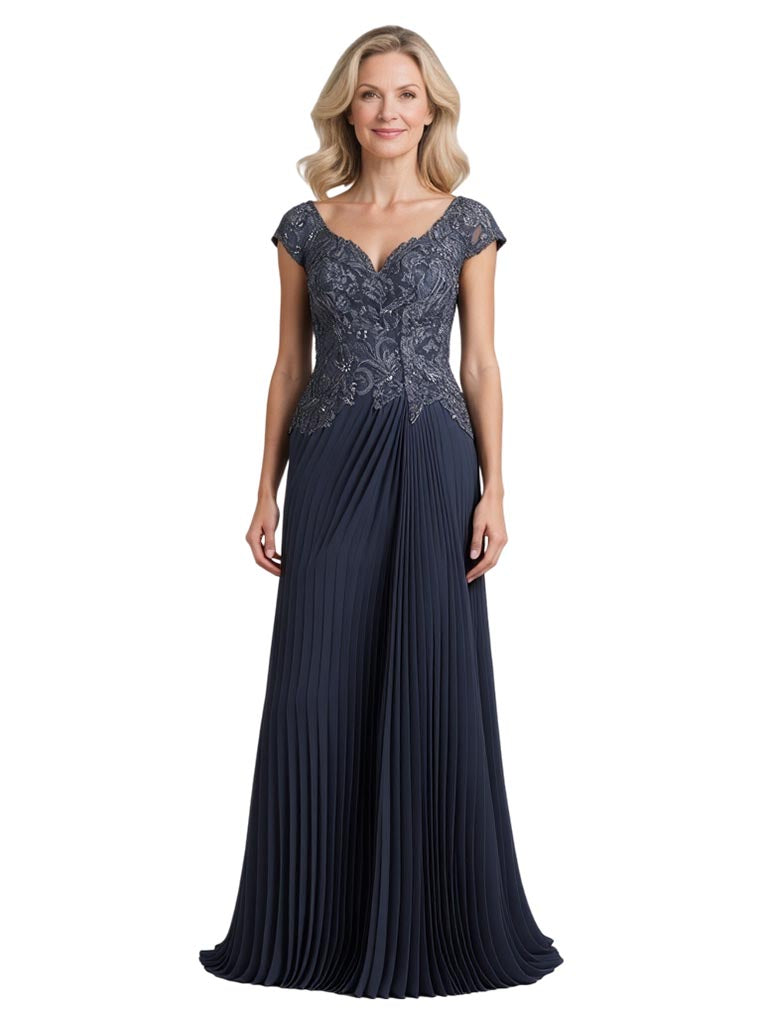 Elegant A-line Chiffon Cap Sleeves Mother of the Brides Dresses V Neck Floor length