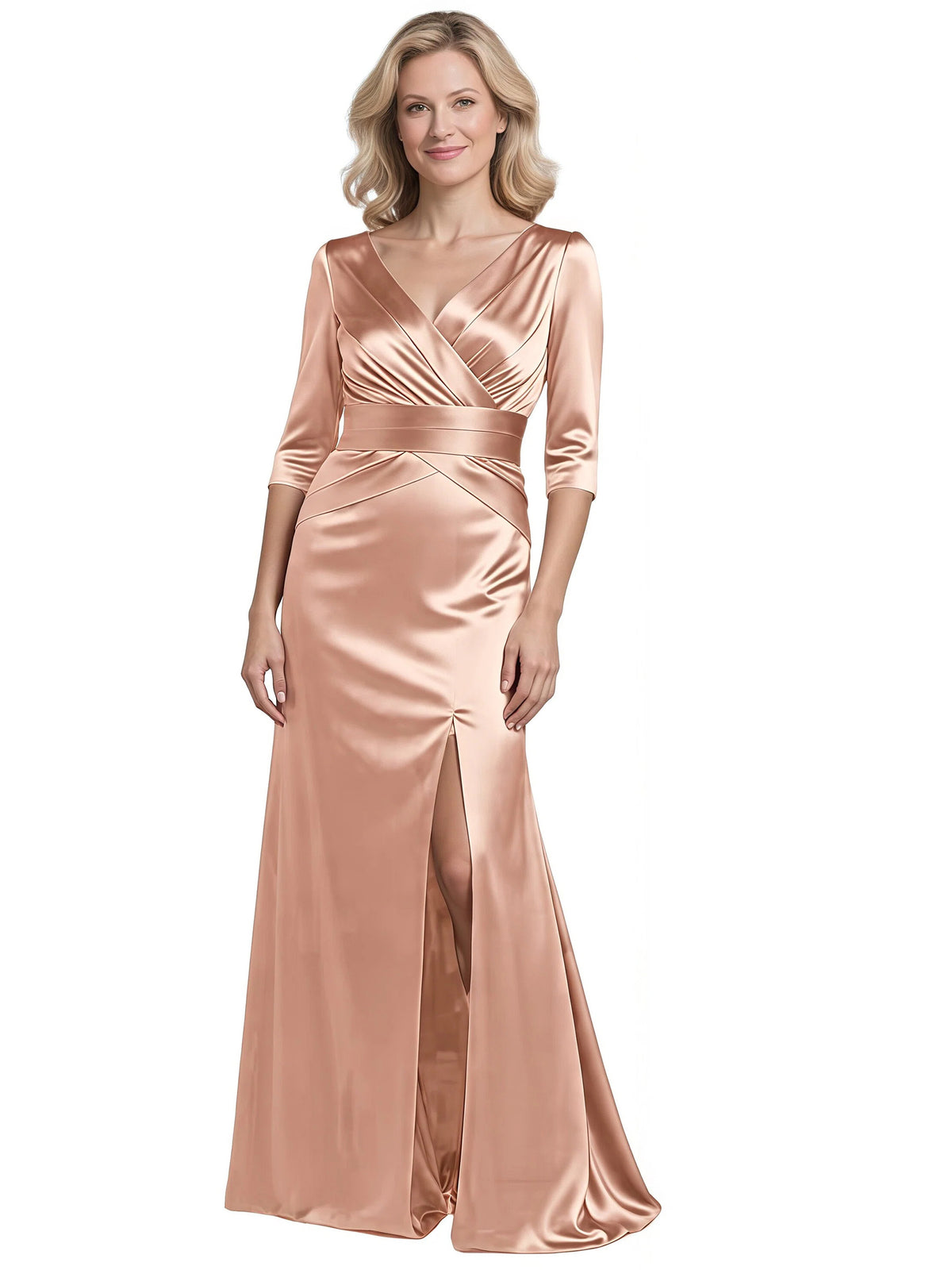 V-Neck Satin Elegant Mother of The Bride Dress Wedding Formal Gowns Slit
