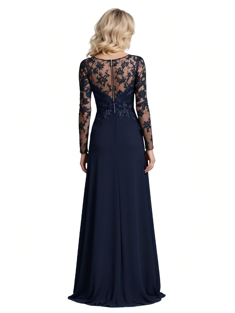 Long Sleeve Elegant Mother of The Bride Dress Evening Formal Gowns Lace Slit