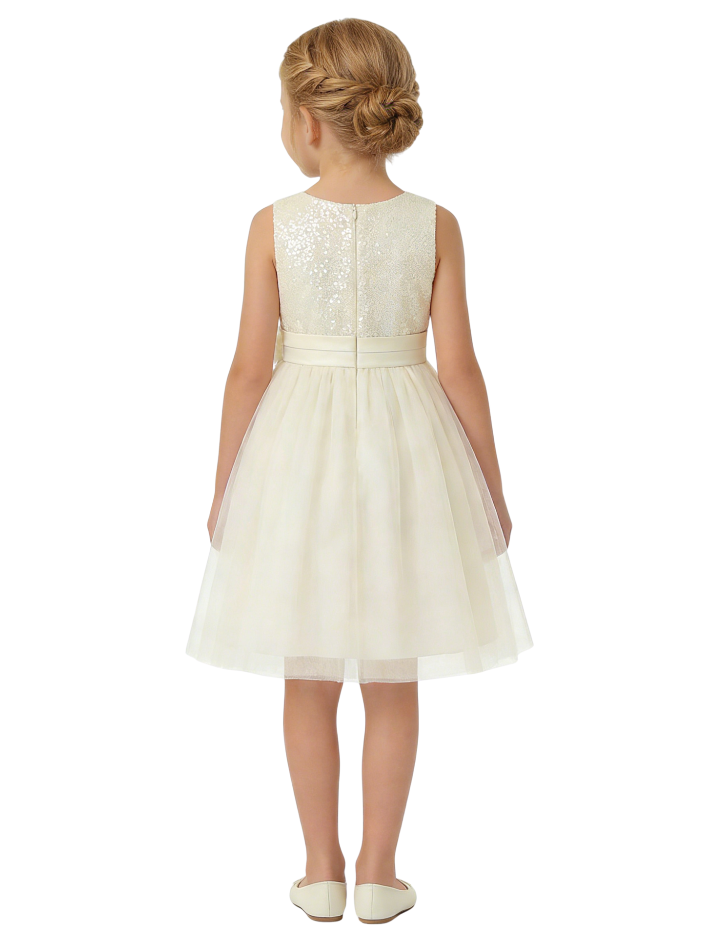 Sequin Bodice A Line Flower Girl Dress with Tulle Overlay Tea Length Party Skirt