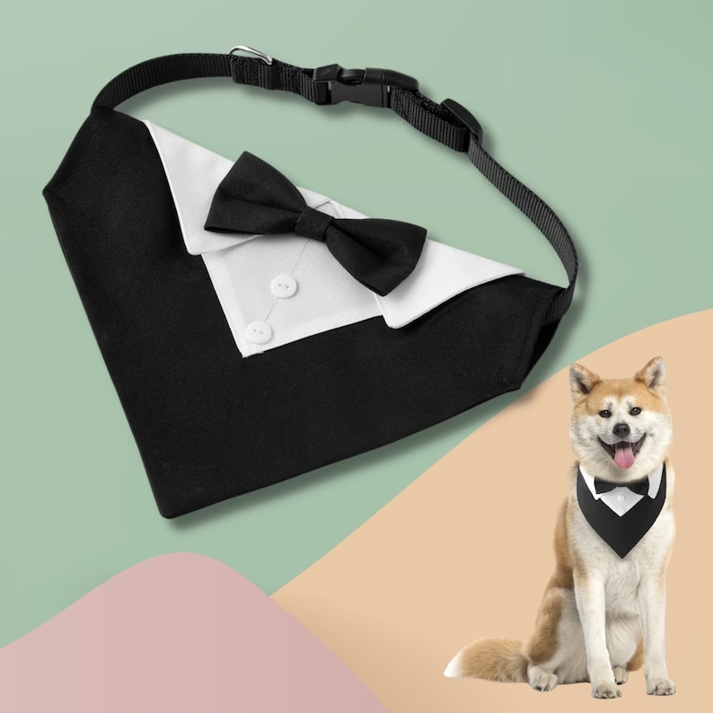Formal Dog Tuxedo Wedding Bandana with Bowtie Adjustable Outfit for Dogs Pets