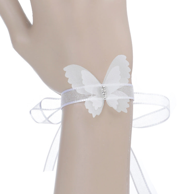 White Tulle Butterfly Style Wrist Flowers Wedding Bridesmaids Little Sisters Hand Flowers Fairy Temperament Wrist Flowers