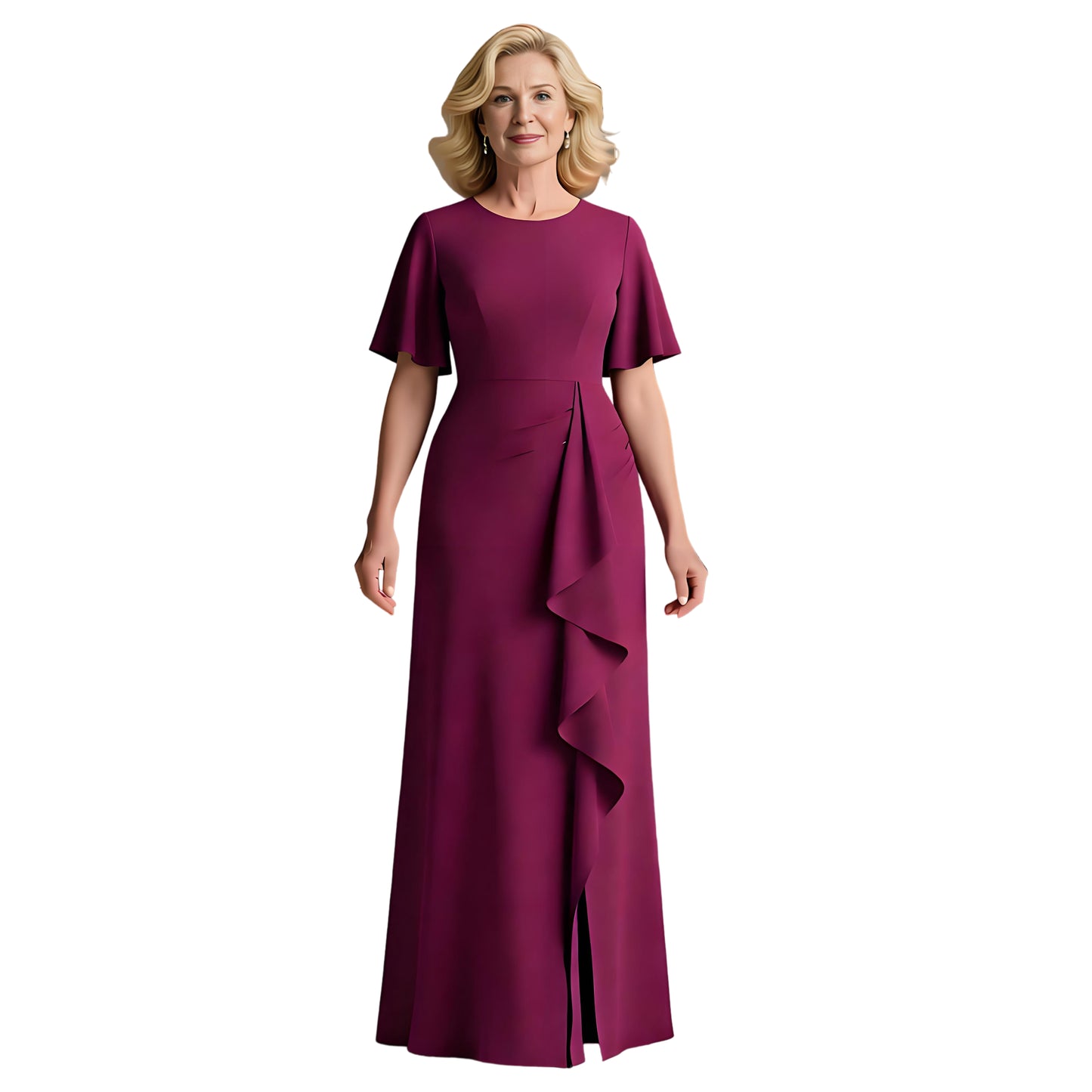 A-Line Mother of the Bride Dresses Slit Chiffon Formal Dresses for Weddings Ruffle Short Sleeve
