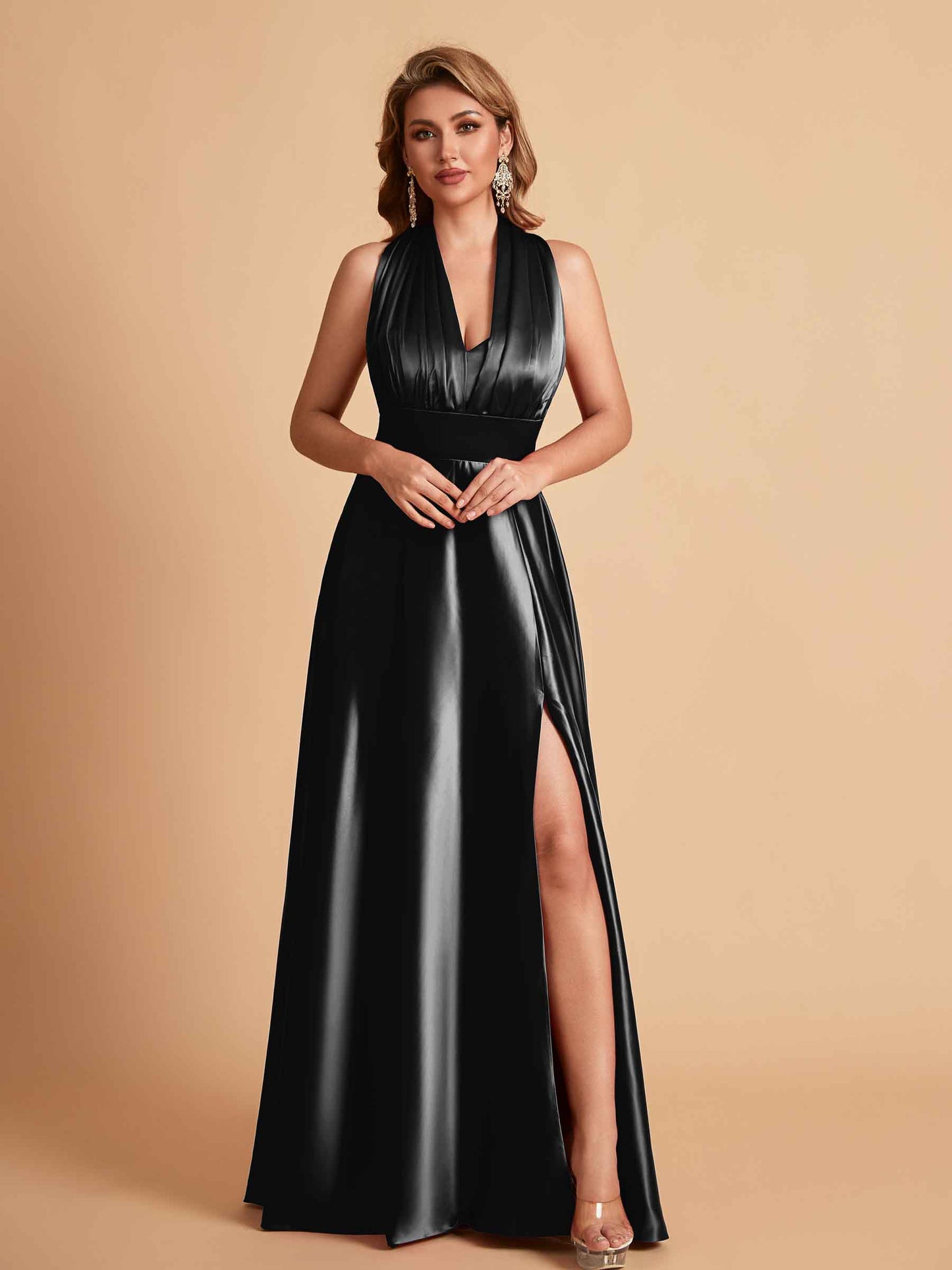 Sexy Satin A-line Convertible Side Slit Maxi Long Bridesmaid Dresses Online