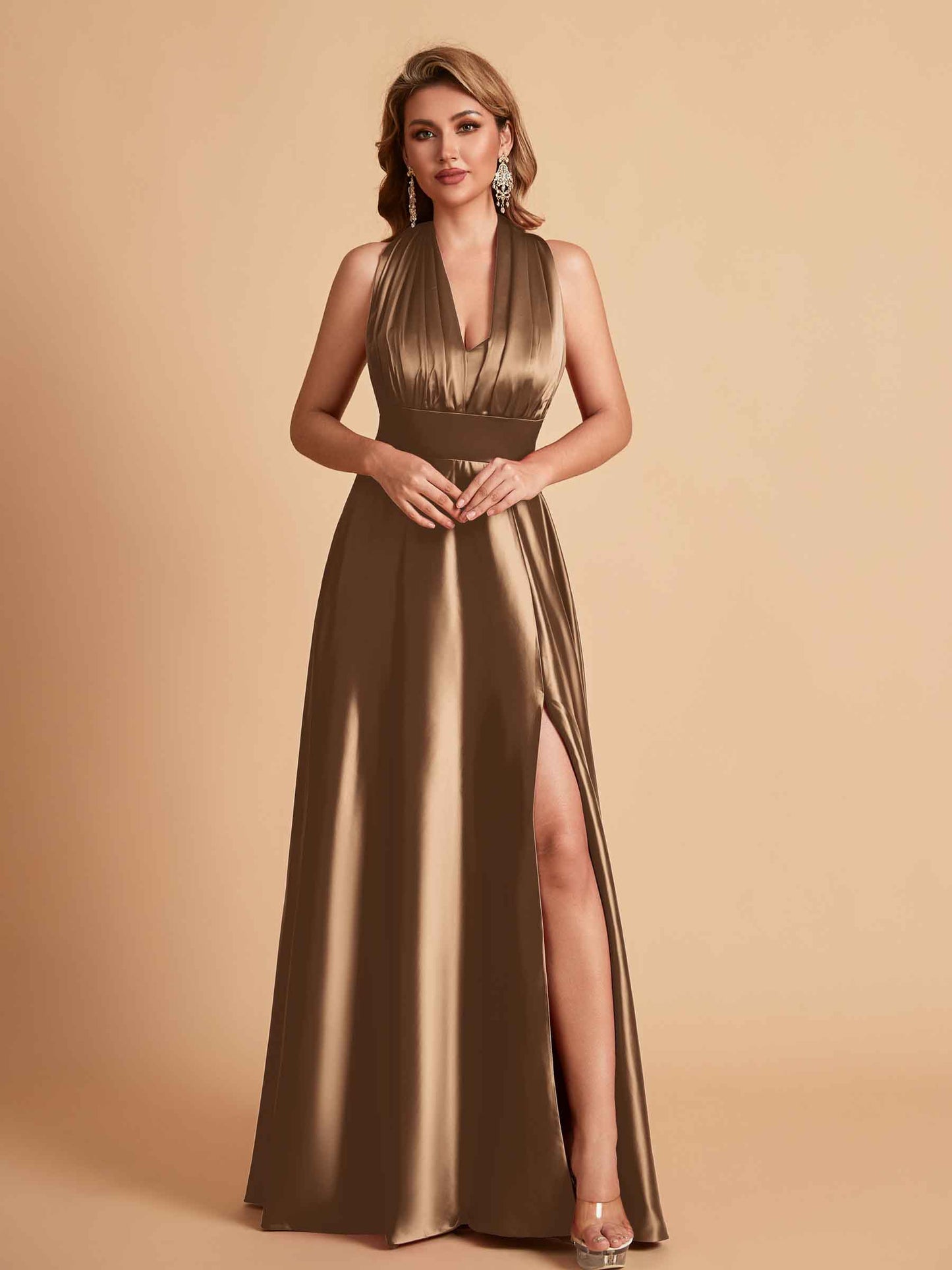 Sexy Satin A-line Convertible Side Slit Maxi Long Bridesmaid Dresses Online
