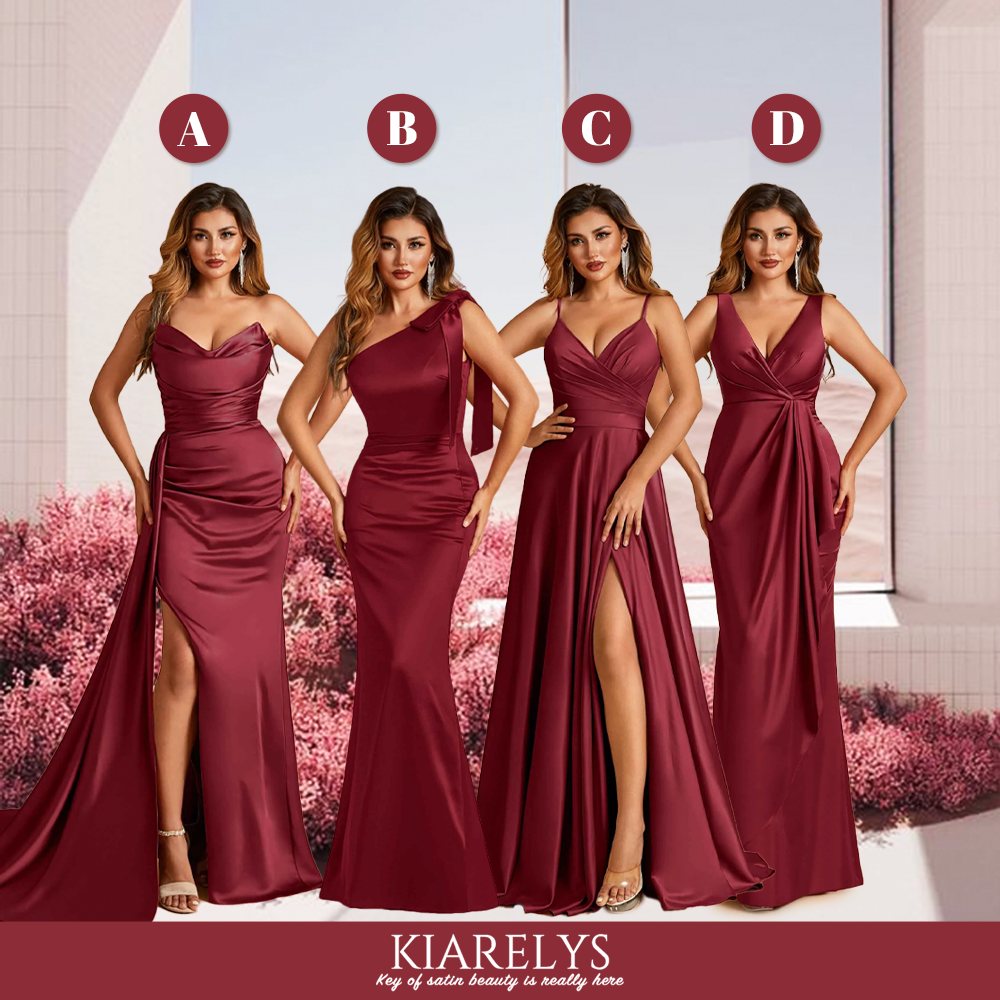 Kiarelys Elegant Satin Halter Pleats Side Slit Mermaid Stretch Satin Bridesmaid Dresses Floor-Length Formal Dress with Slit, C
