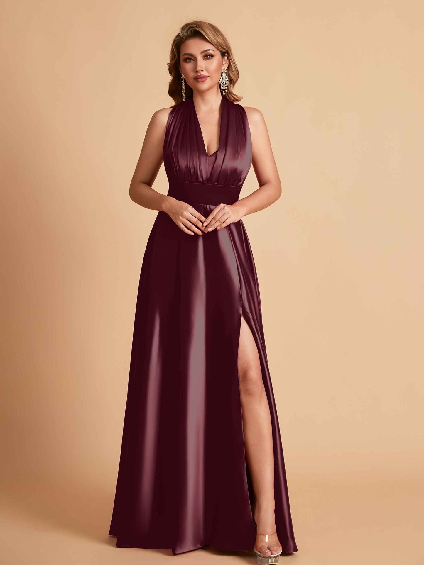 Sexy Satin A-line Convertible Side Slit Maxi Long Bridesmaid Dresses Online