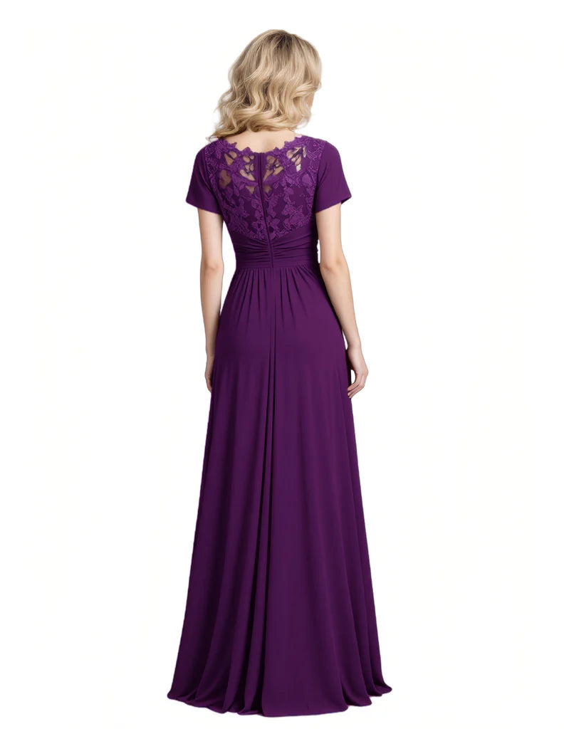V-Neck Mother of the Bride Dress Short Sleeve Lace Applique Gown with Over-skirt
