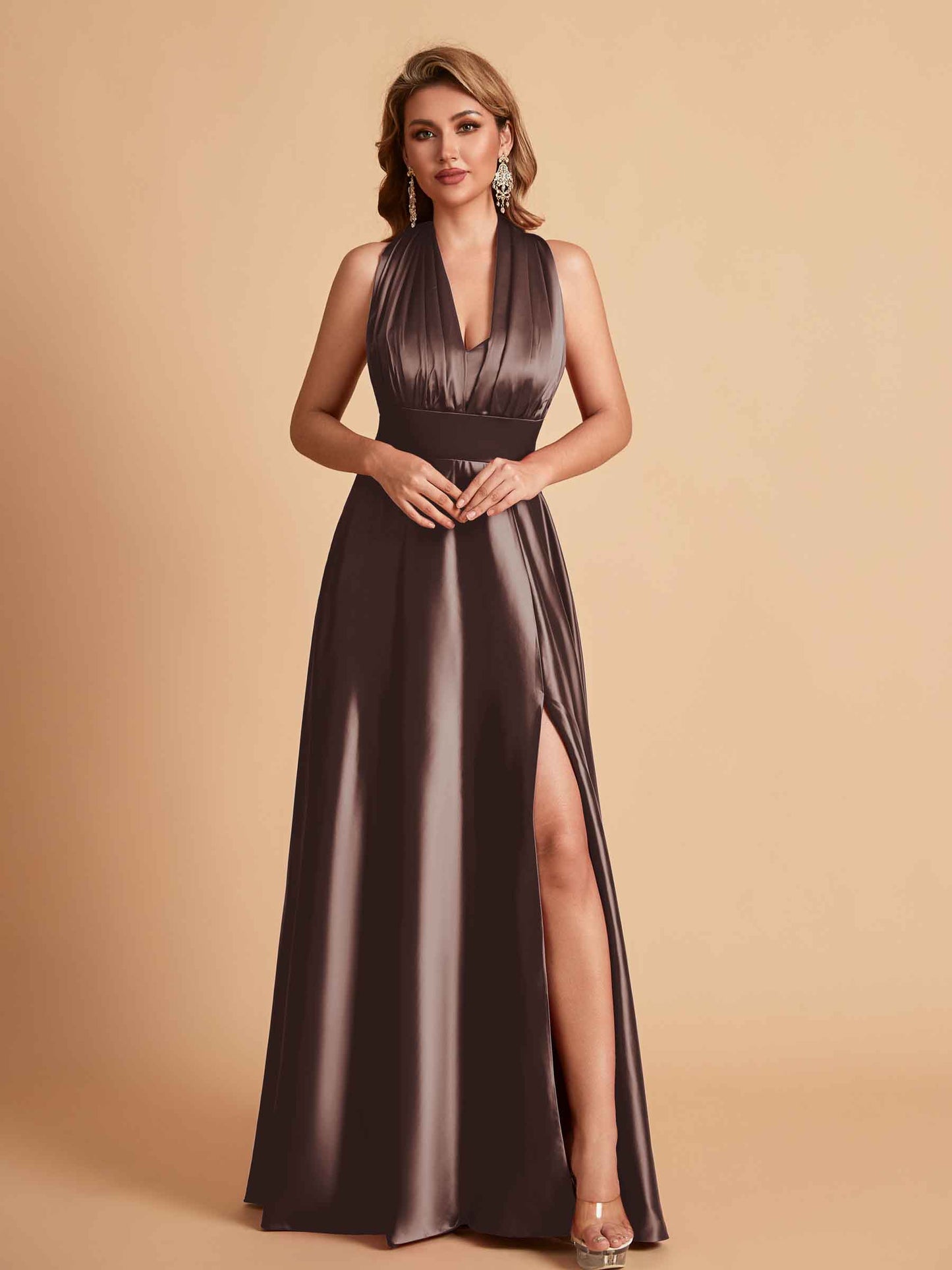 Sexy Satin A-line Convertible Side Slit Maxi Long Bridesmaid Dresses Online