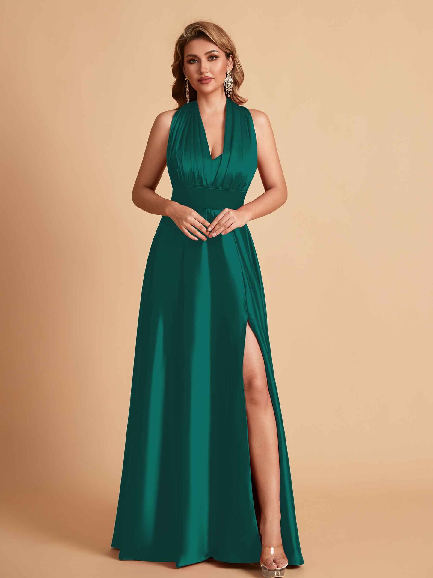 Sexy Satin A-line Convertible Side Slit Maxi Long Bridesmaid Dresses Online