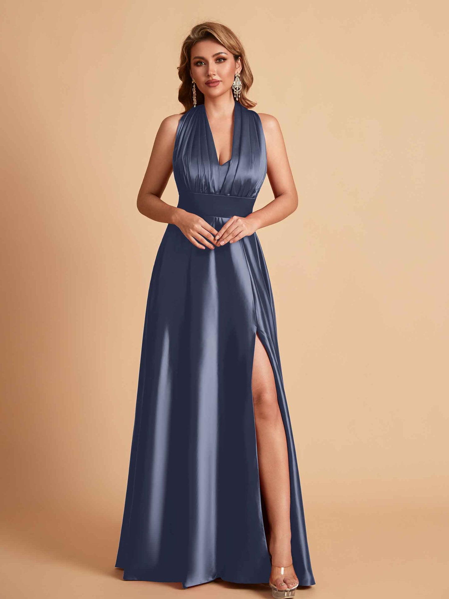 Sexy Satin A-line Convertible Side Slit Maxi Long Bridesmaid Dresses Online