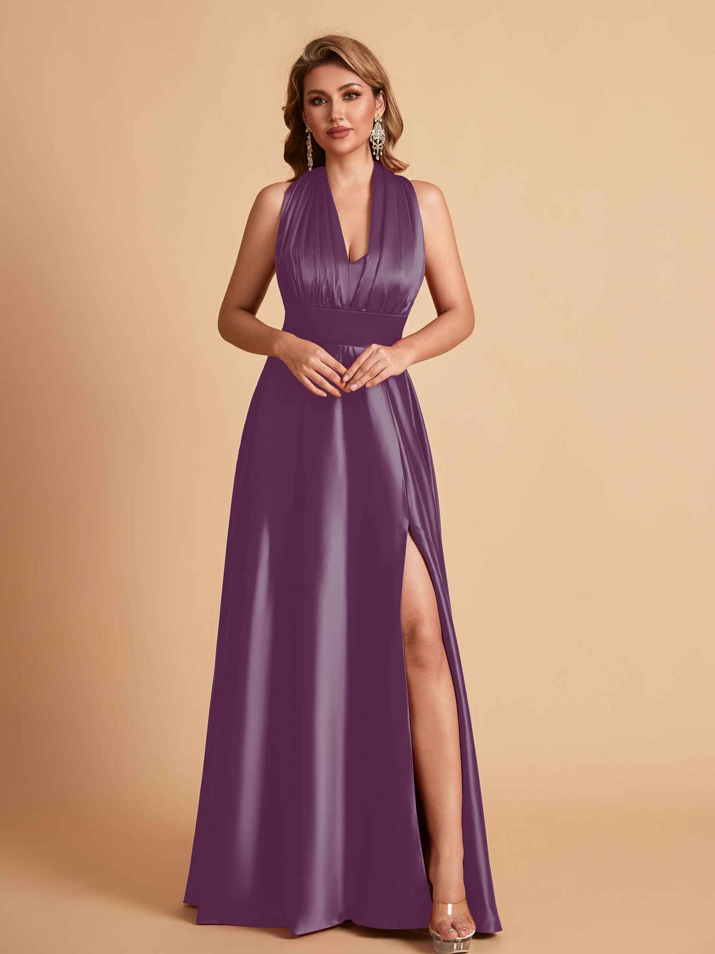 Sexy Satin A-line Convertible Side Slit Maxi Long Bridesmaid Dresses Online