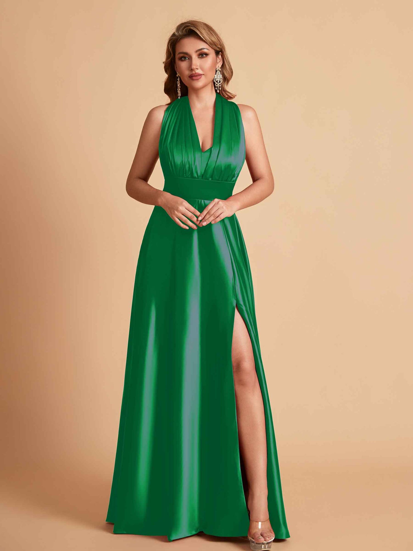 Sexy Satin A-line Convertible Side Slit Maxi Long Bridesmaid Dresses Online