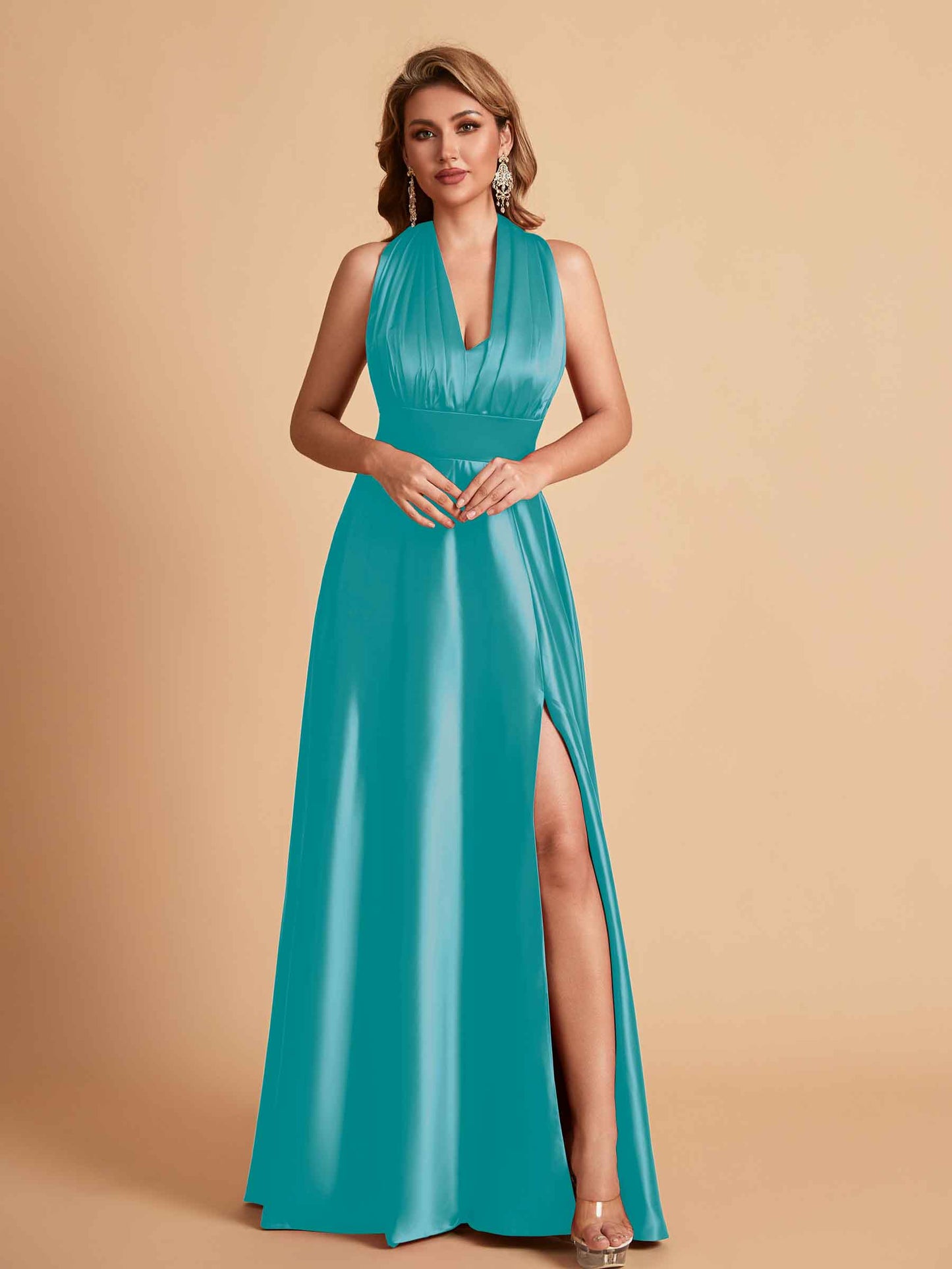 Sexy Satin A-line Convertible Side Slit Maxi Long Bridesmaid Dresses Online