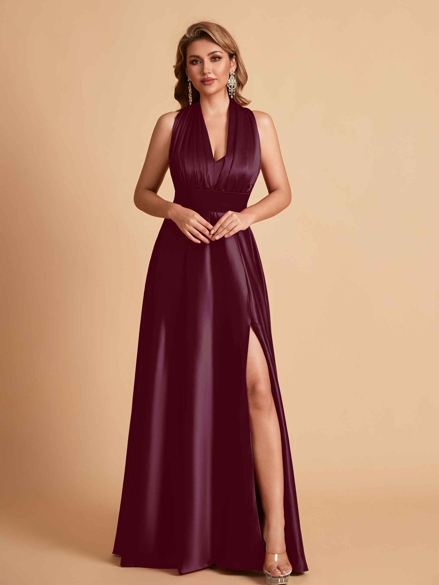 Sexy Satin A-line Convertible Side Slit Maxi Long Bridesmaid Dresses Online