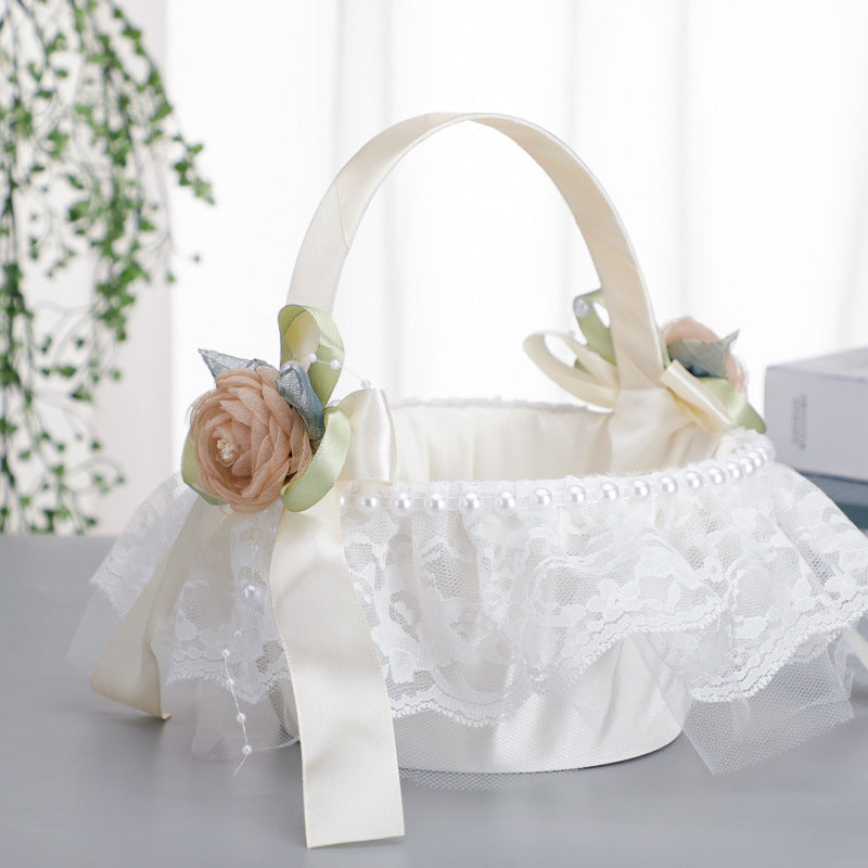 Pearl Bow Flower Decoration Lace Flower Basket Wedding Flower Portable Flower Basket