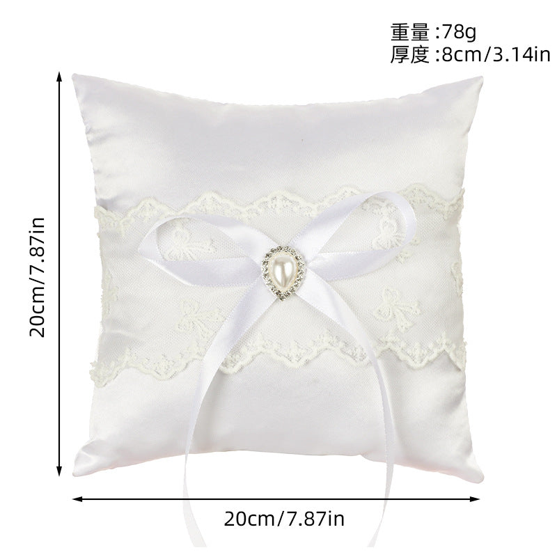 White Wedding Ring Pillow Set Bow Knot Lace Decoration