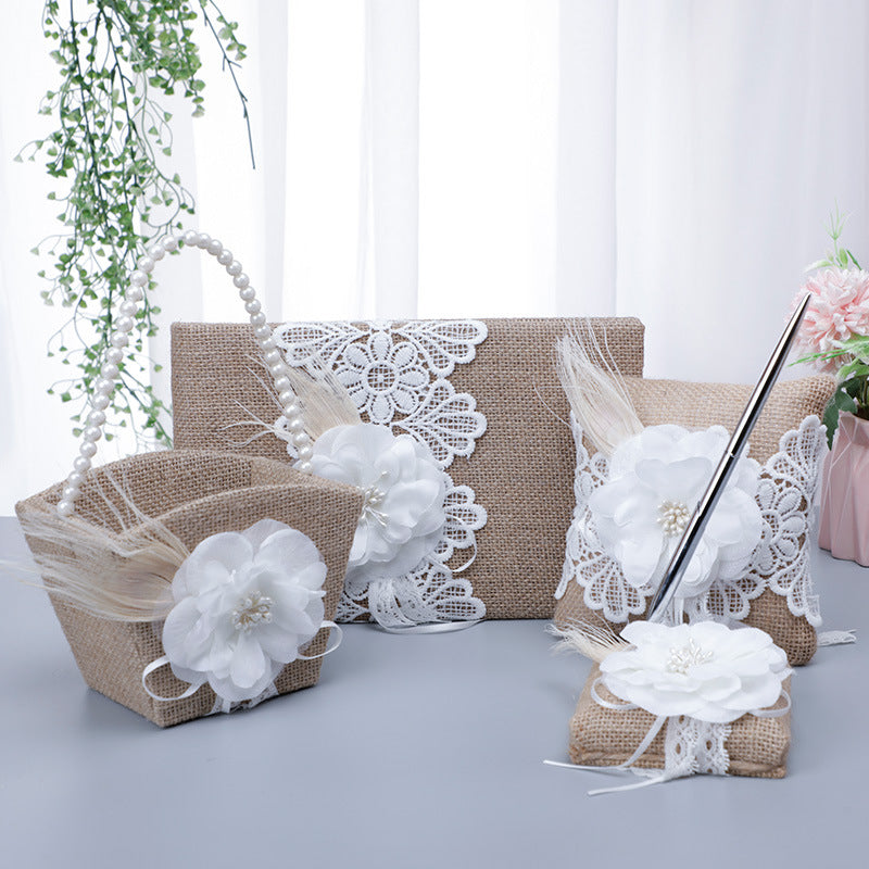 Linen/Satin Vintage Flower Girl Holding Flower Basket