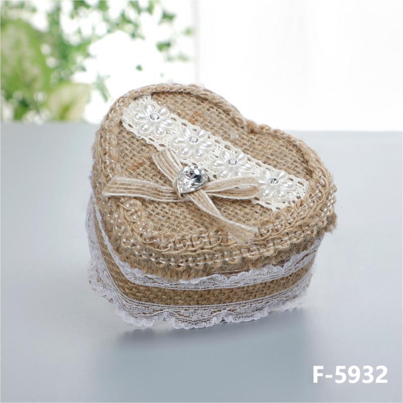 Heart-Shaped Linen Fabric Wedding Ring pillow Creative Lace Bowknot Ring Box Small Portable