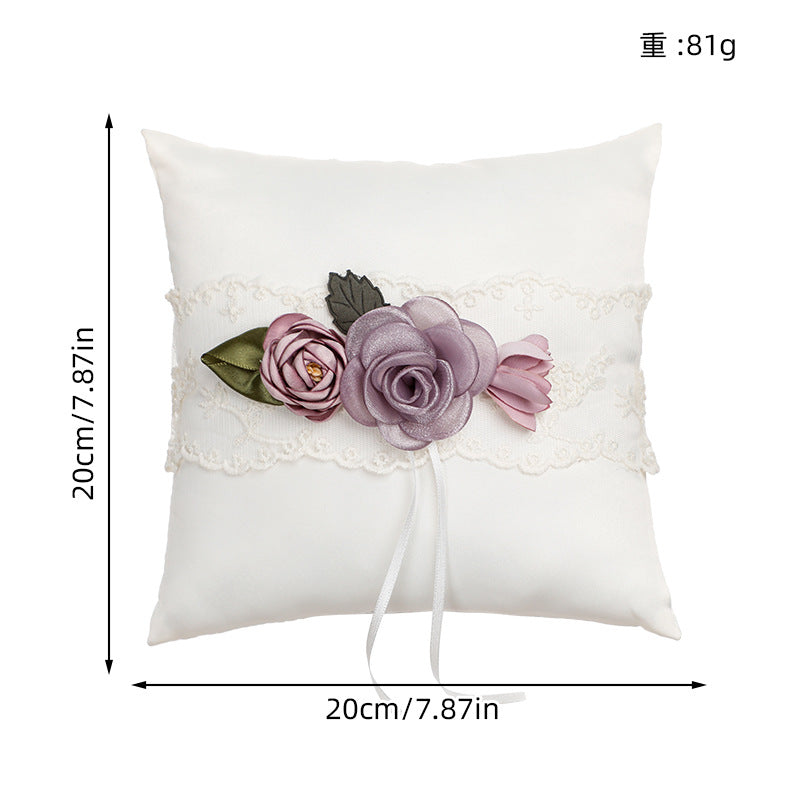 Purple Artificial Flower Lace Wedding Ring Pillow For Brides And Groom