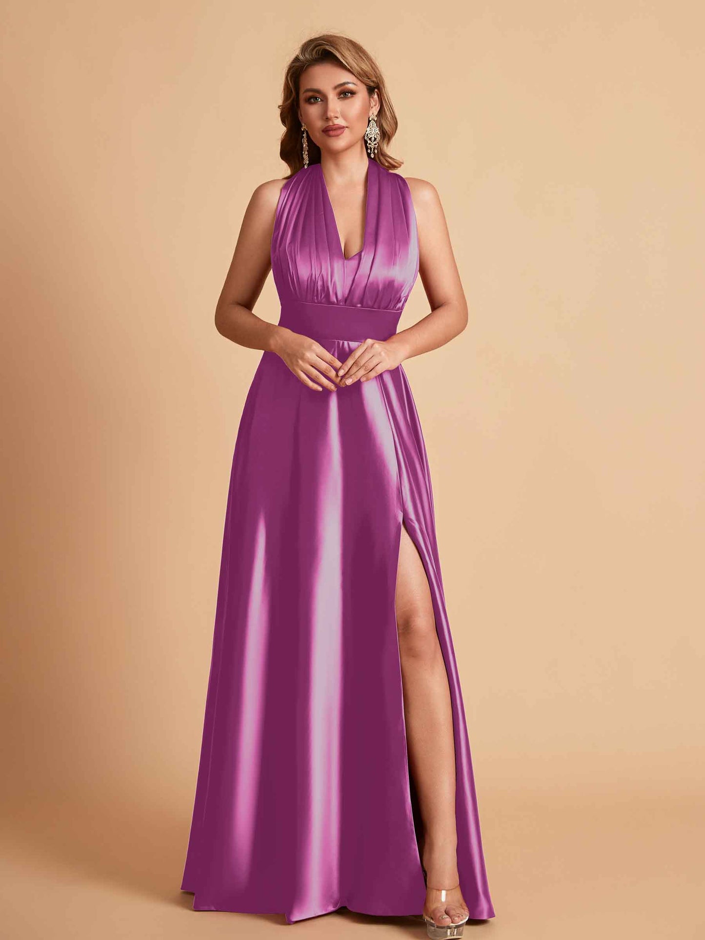 Sexy Satin A-line Convertible Side Slit Maxi Long Bridesmaid Dresses Online