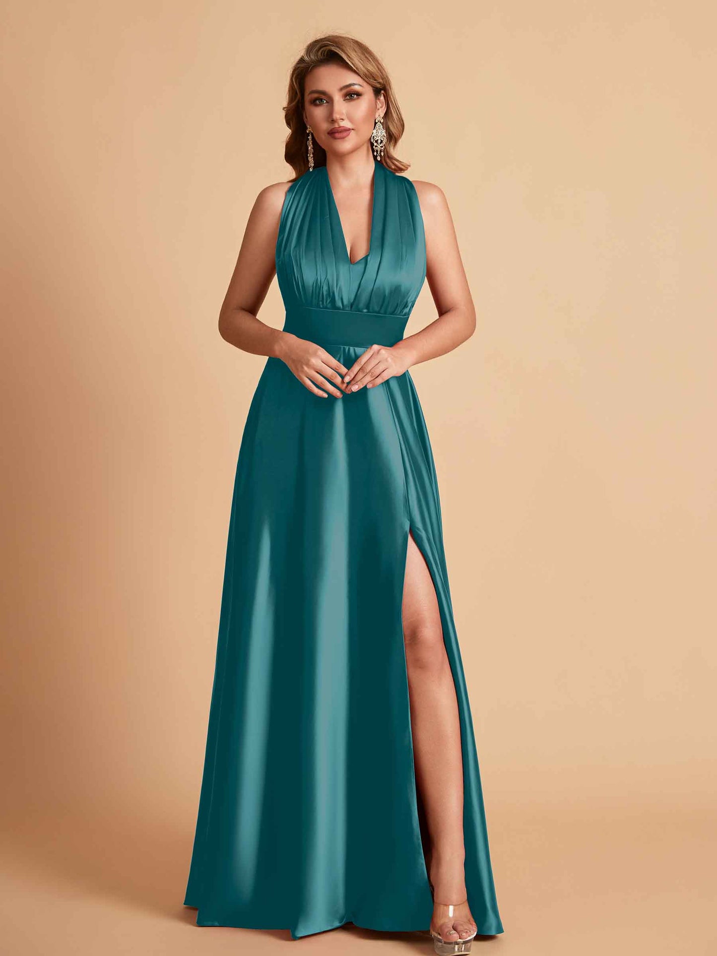 Sexy Satin A-line Convertible Side Slit Maxi Long Bridesmaid Dresses Online