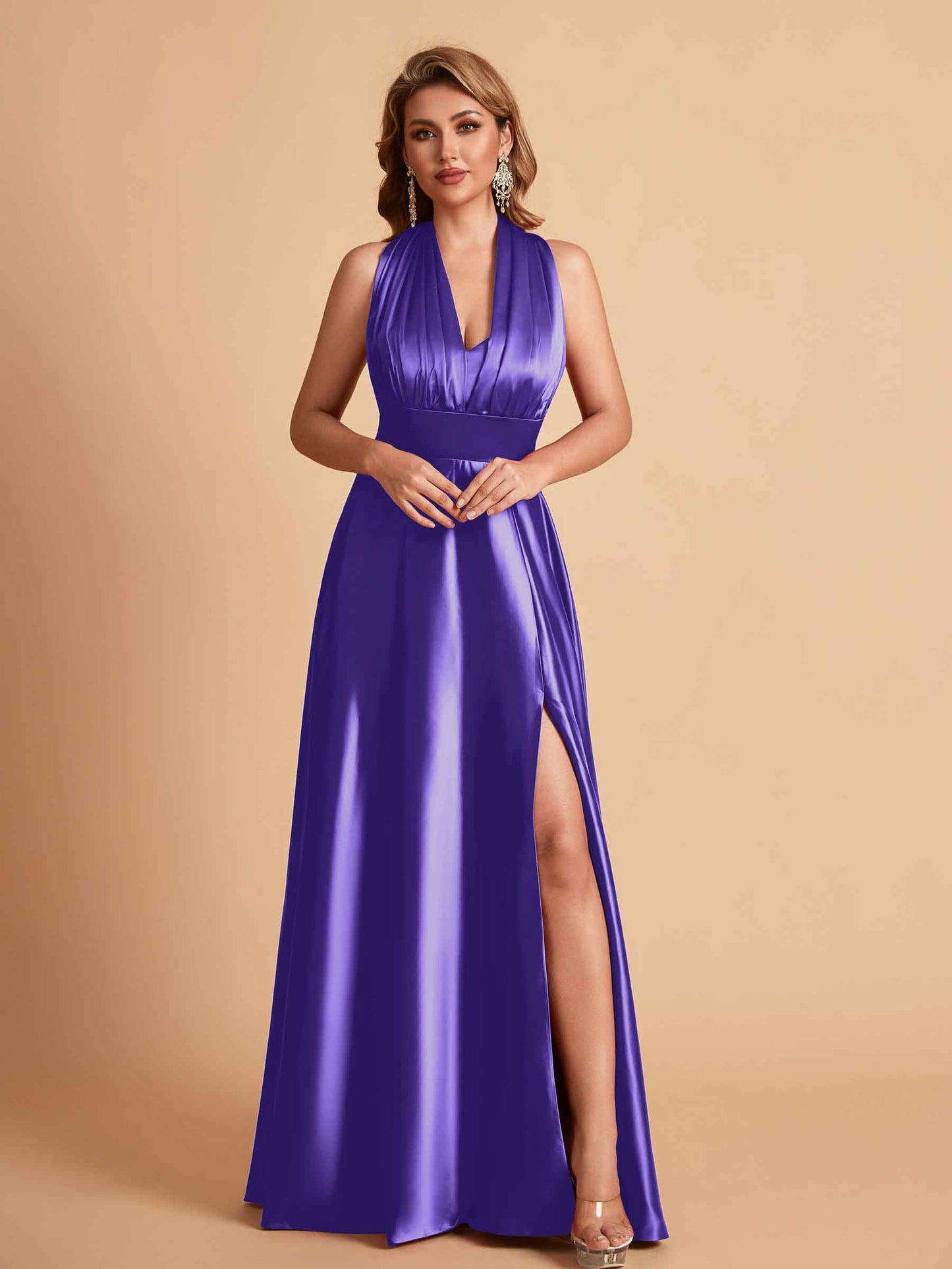 Sexy Satin A-line Convertible Side Slit Maxi Long Bridesmaid Dresses Online