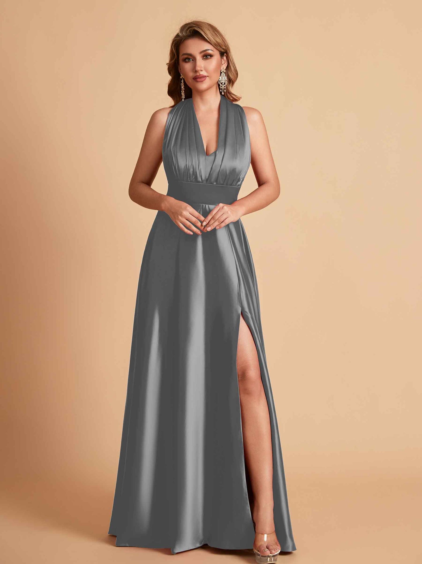 Sexy Satin A-line Convertible Side Slit Maxi Long Bridesmaid Dresses Online