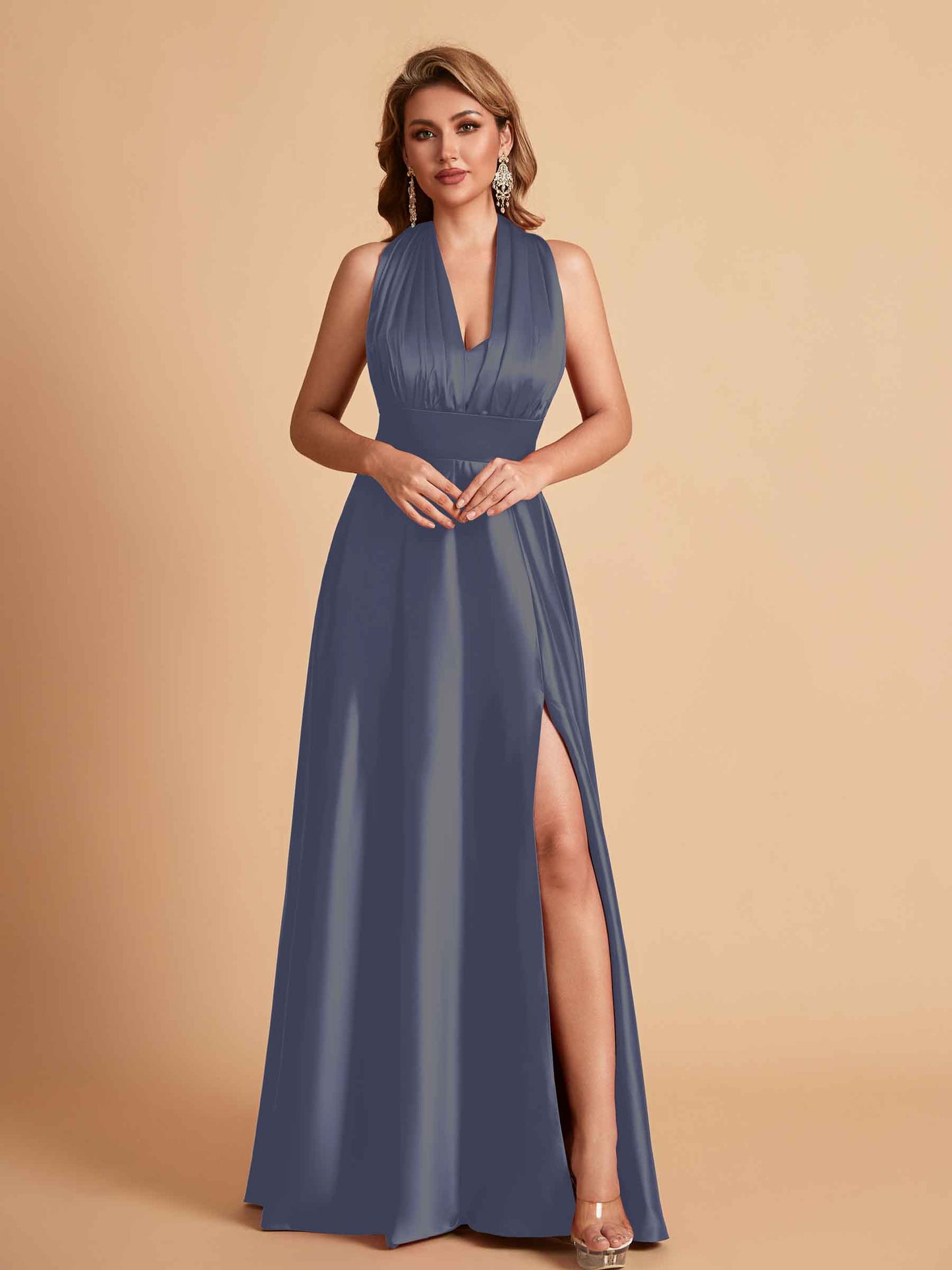 Sexy Satin A-line Convertible Side Slit Maxi Long Bridesmaid Dresses Online