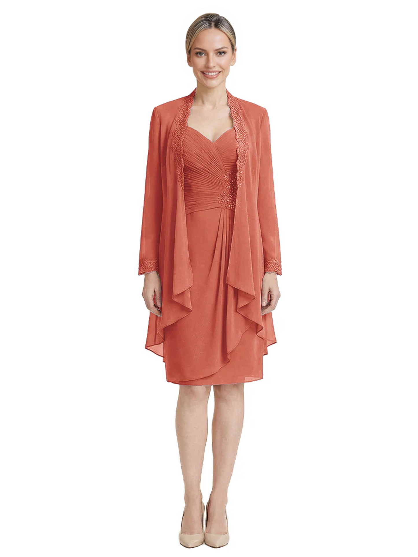 2PCS Knee Length Chiffon Mother of the Brides Dresses Short V-Neck