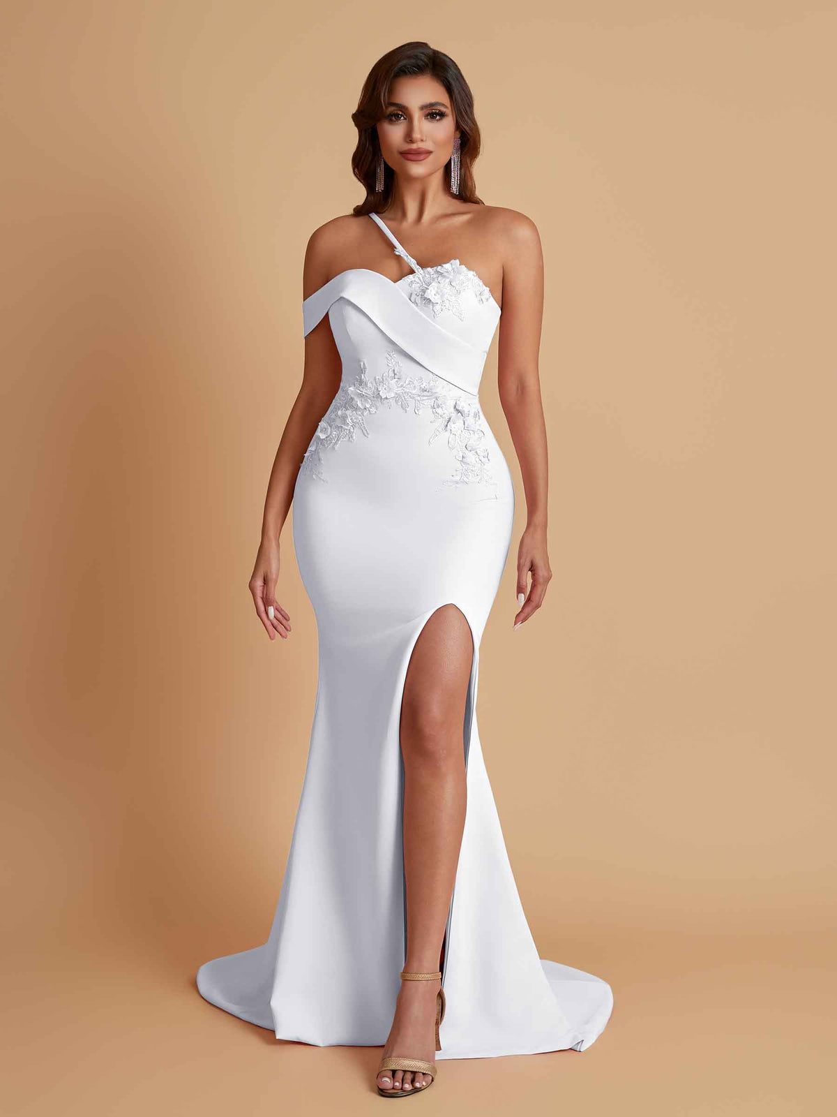 Sexy Soft Satin Mermaid One Shoulder Asymmetrical Side Slit Floor-Length Bridesmaid Dresses