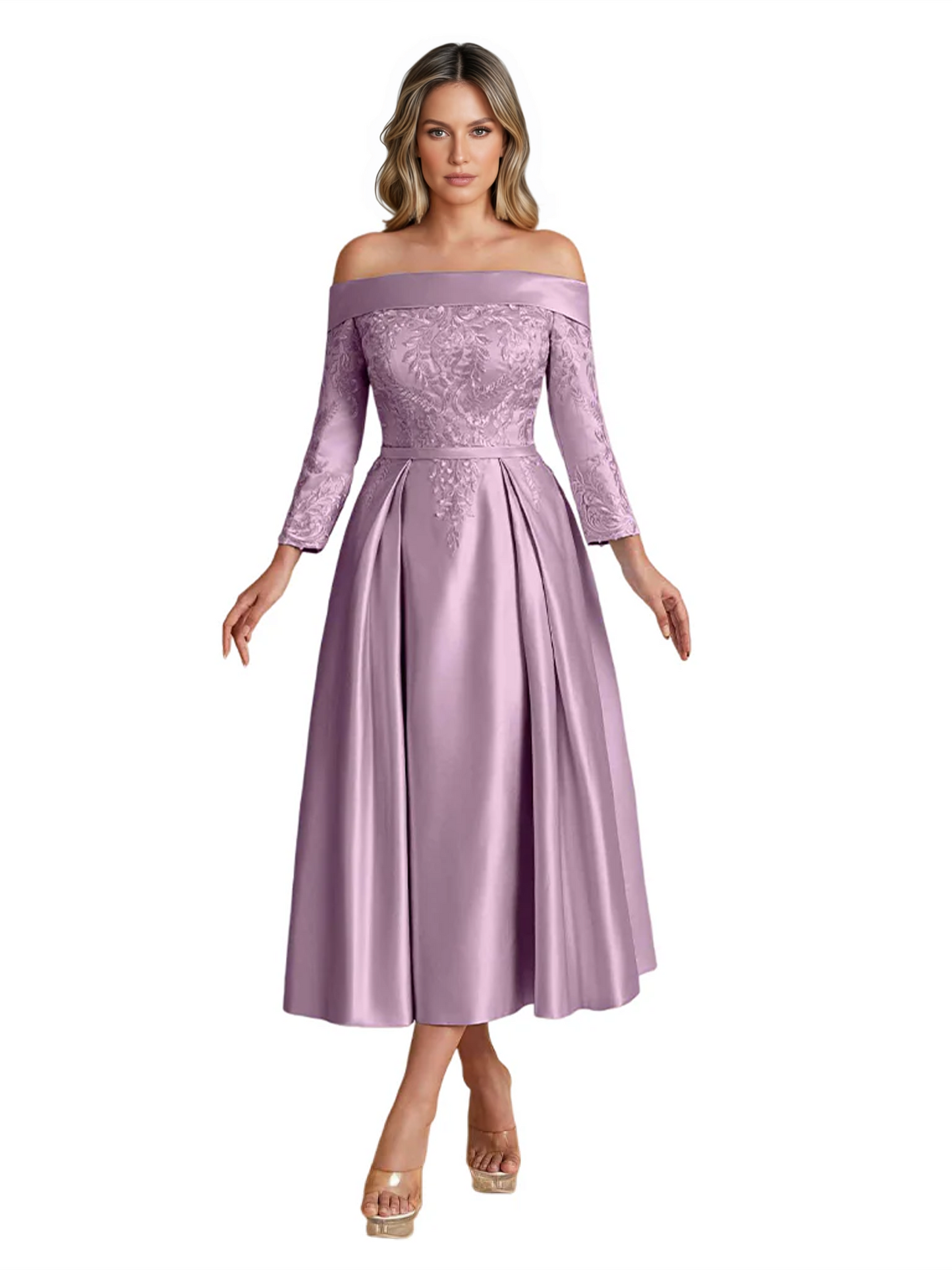 Off Shoulder Mother of the Bride Dress Tea-Length Satin Gown with Lace Applique