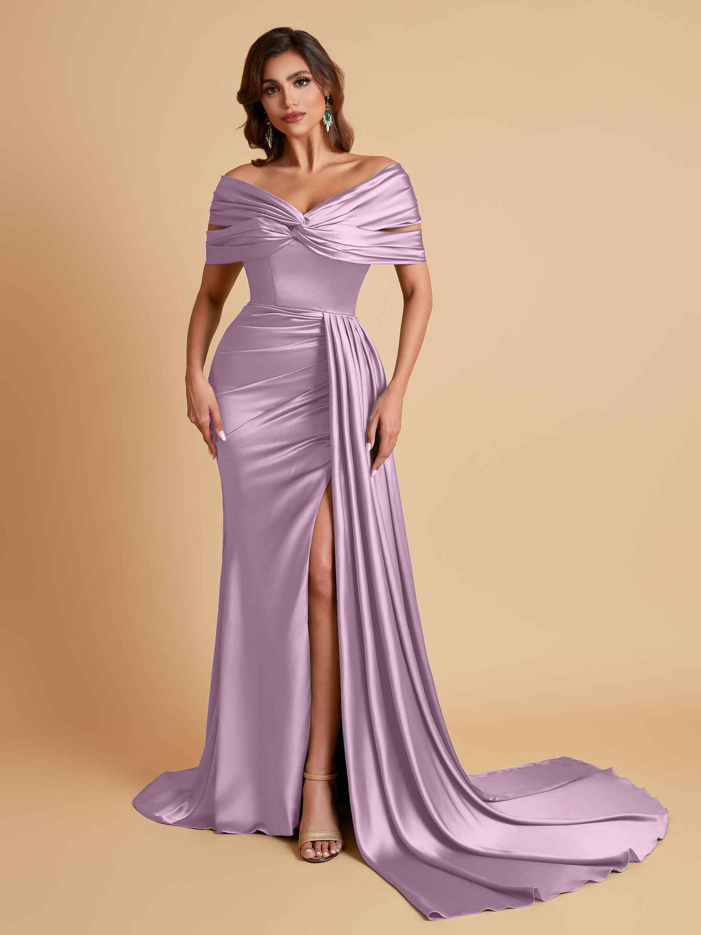 Elegant Soft Satin V-neck Off-the-Shoulder Side-Slit Mermaid Bridesmaid Dresses