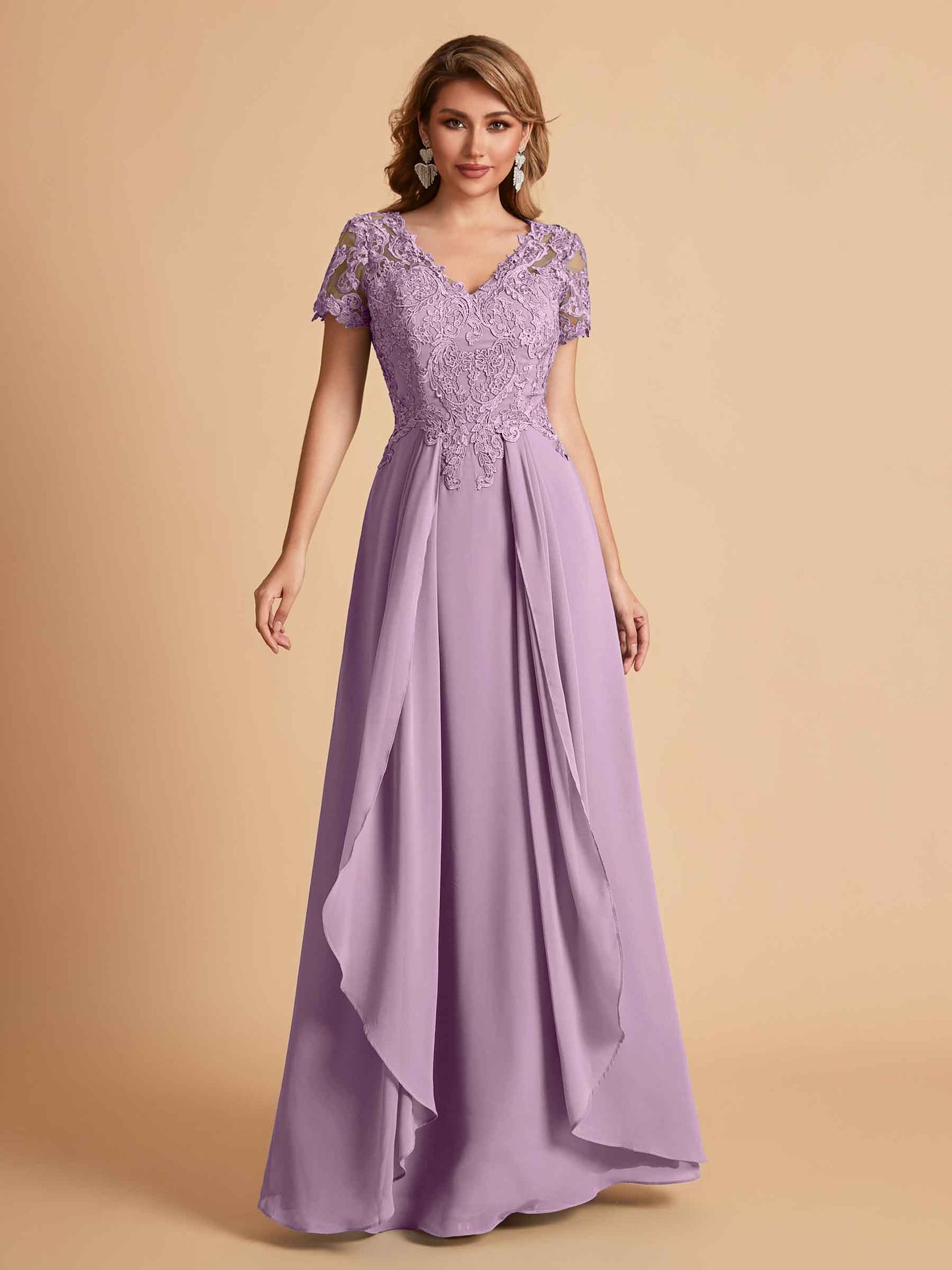 Elegant A-Line Chiffon Short Sleeves V-neck Mother of the Brides Dresses Lace Top MOB Dresses
