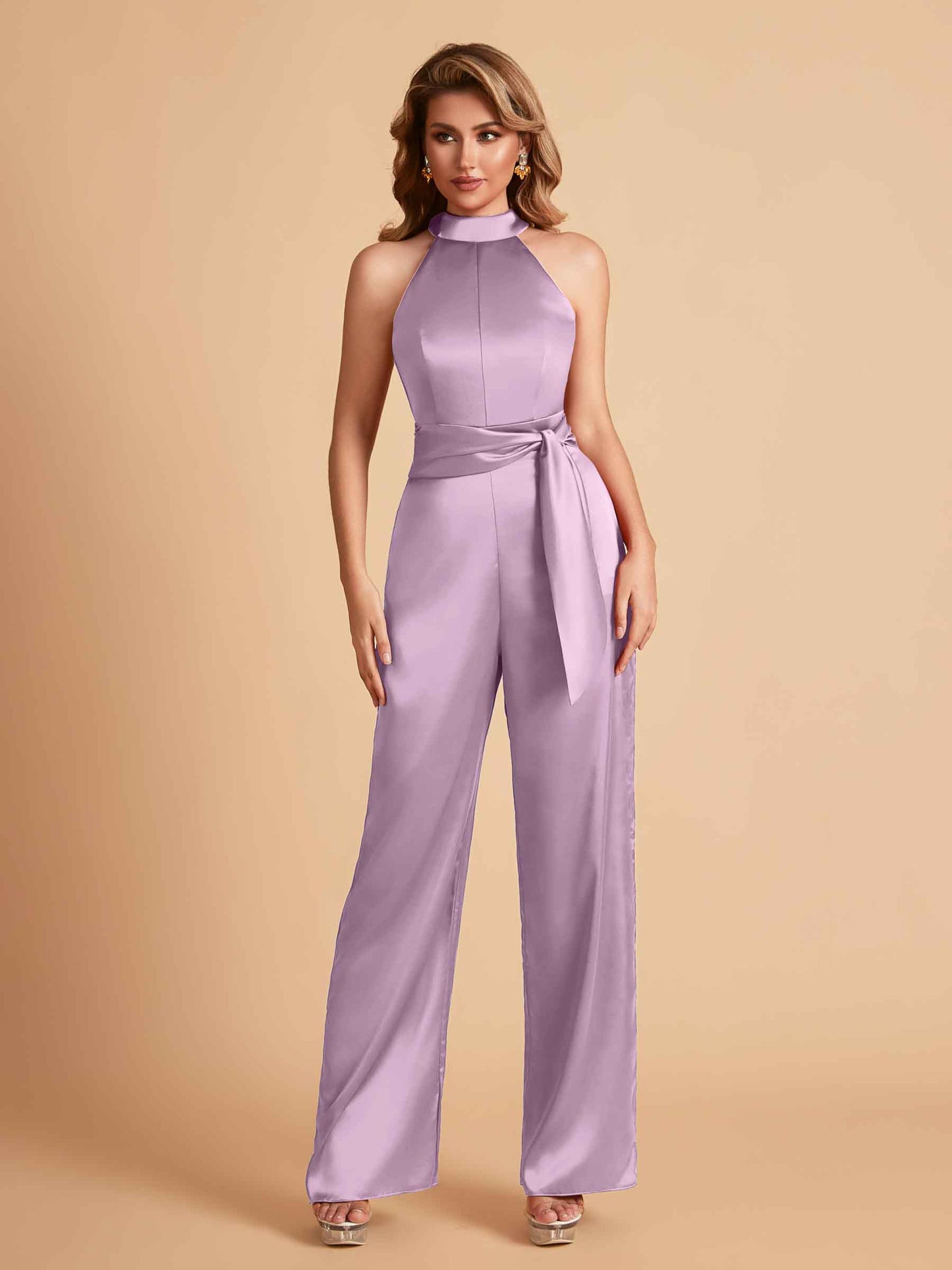 Elegant Satin Halter Sleeveless Satin Floor Length Bridesmaid Jumpsuit