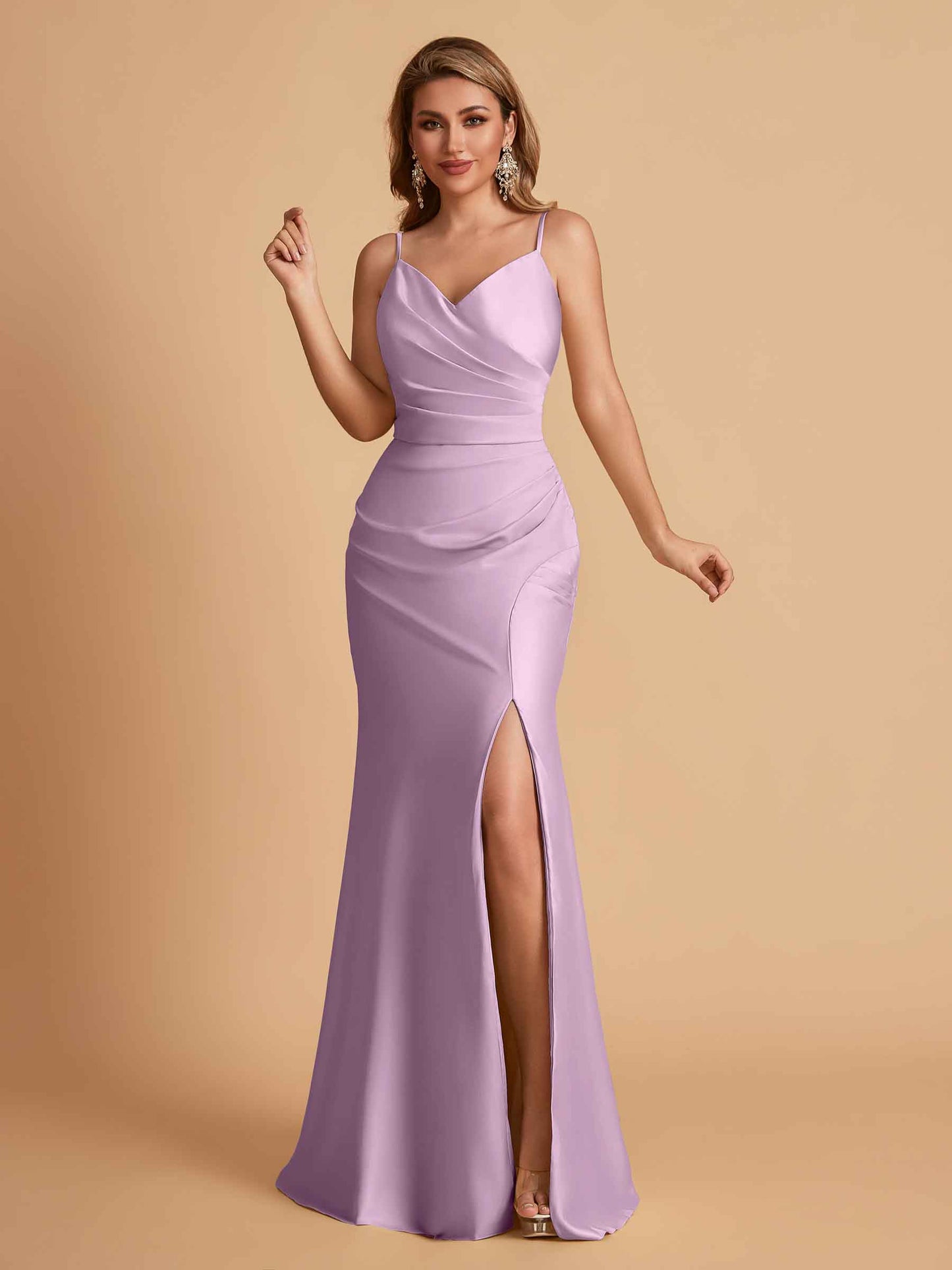 Elegant Satin Spaghetti Straps Mermaid Side Slit Floor Length Bridesmaid Dresses