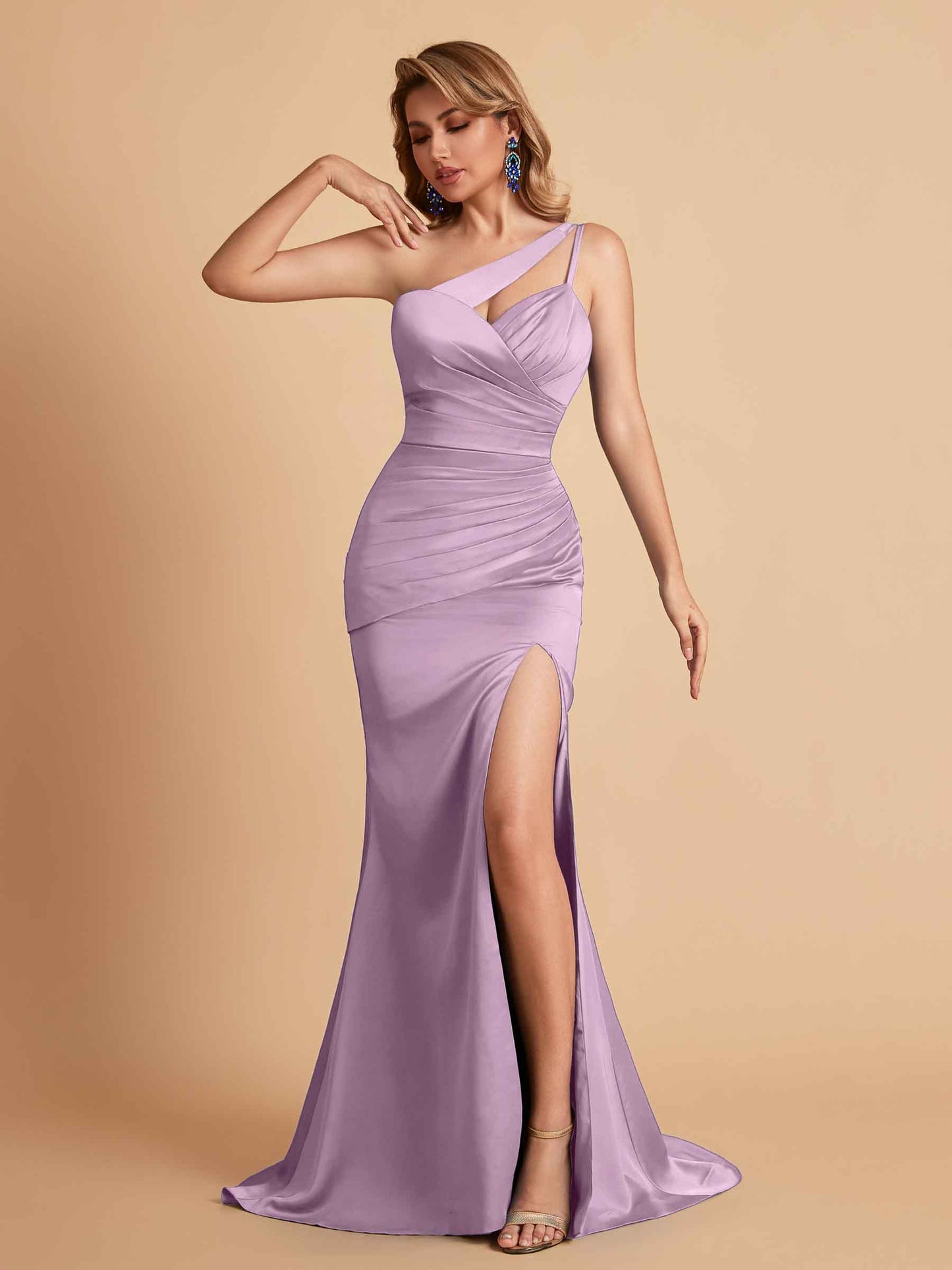 Elegant Satin One Shoulder Mermaid Side Slit Floor Length Bridesmaid Dresses