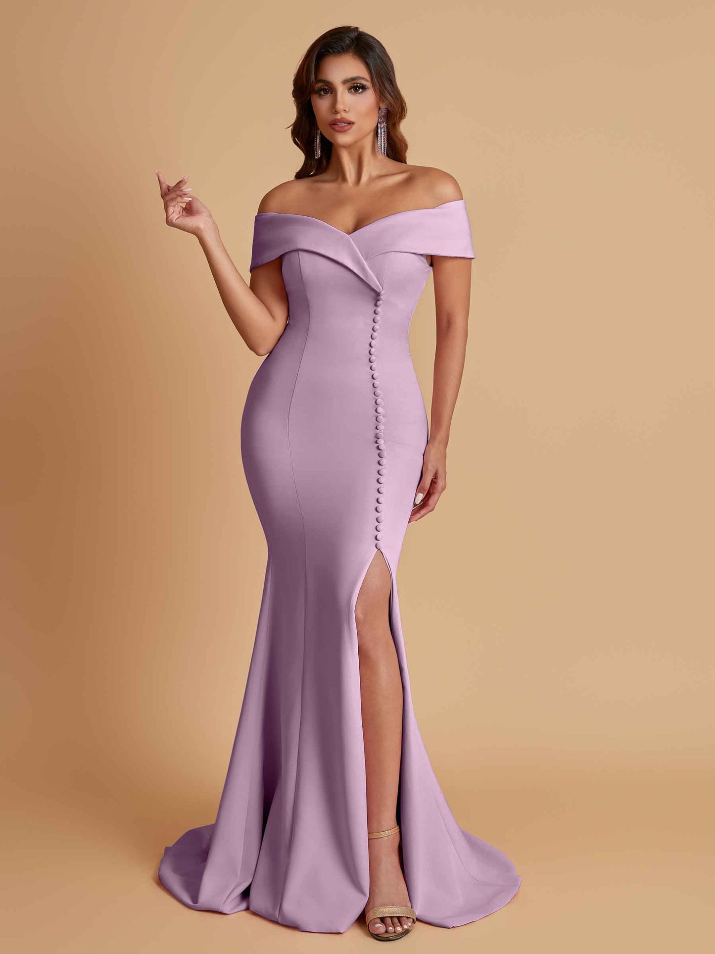 Elegant Soft Satin Mermaid Off Shoulder Side Slit Floor-Length Bridesmaid Dresses