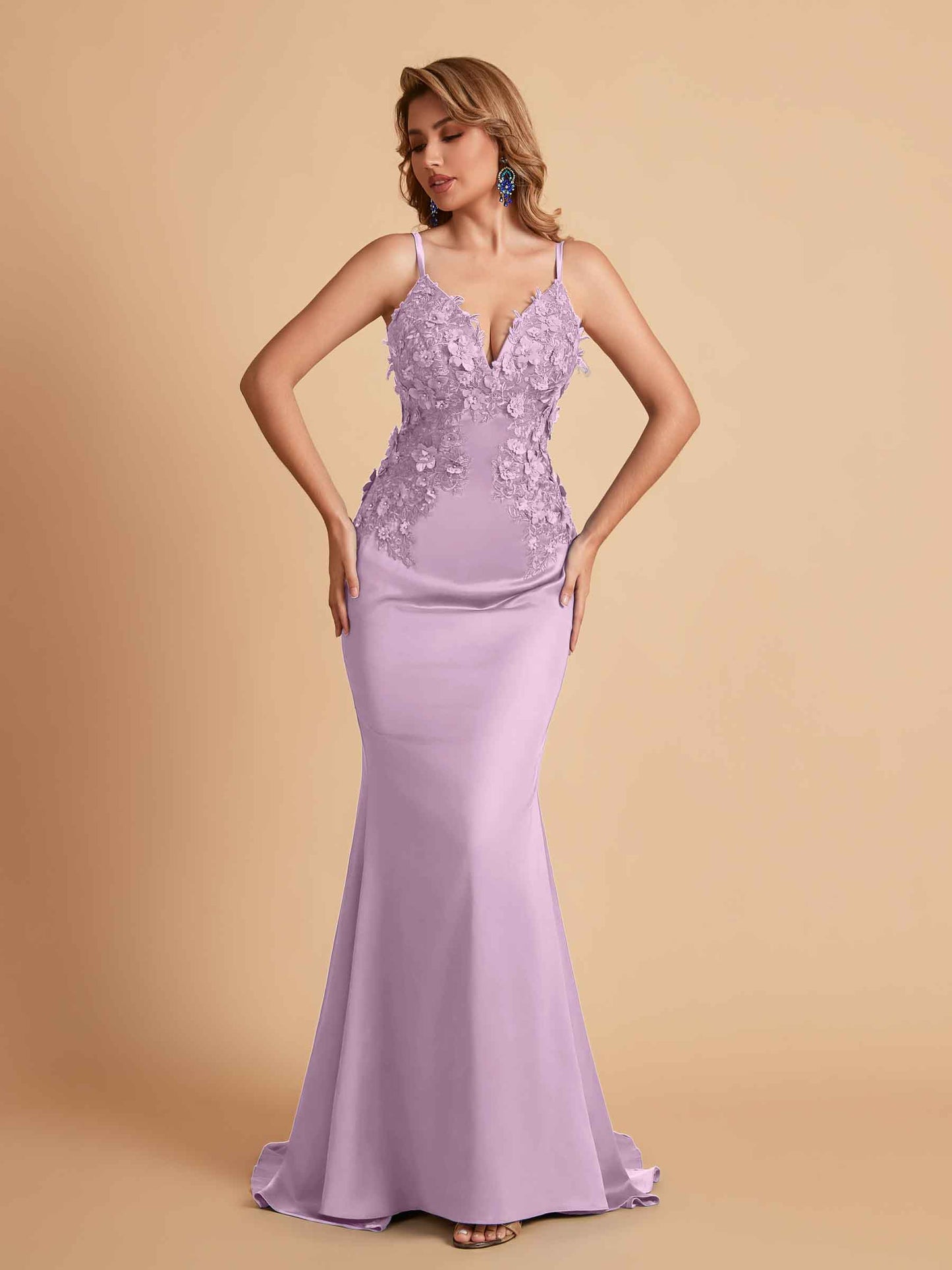 Sexy Satin Spaghetti Straps V-neck Mermaid Floor Length Applique Bridesmaid Dresses